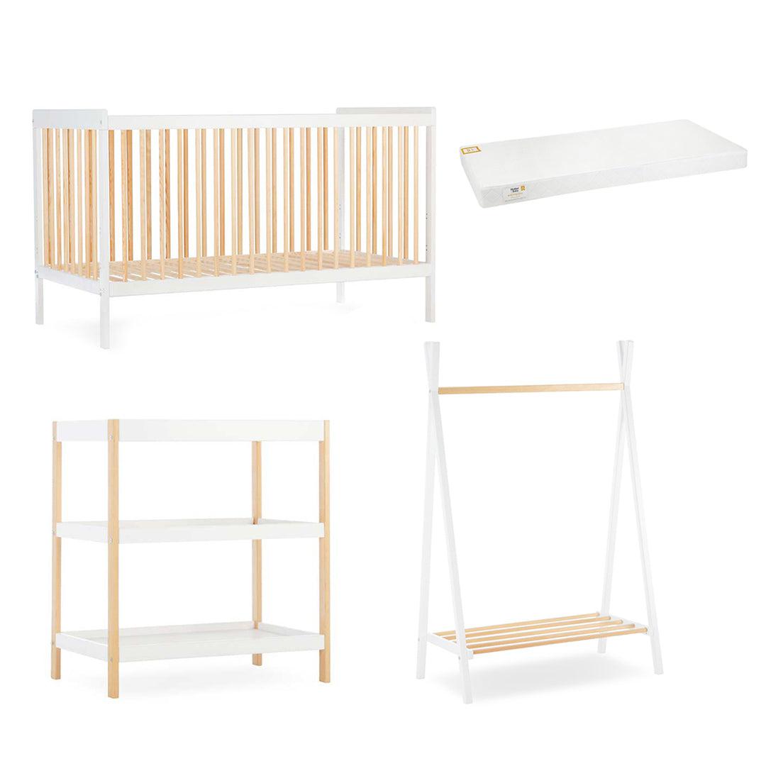 CuddleCo Nola 3 Piece Set Changer, Cot Bed + Clothes Rail - White/Natural - For Your Little One