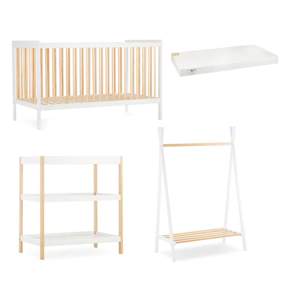 CuddleCo Nola 3 Piece Set Changer, Cot Bed + Clothes Rail - White/Natural - For Your Little One