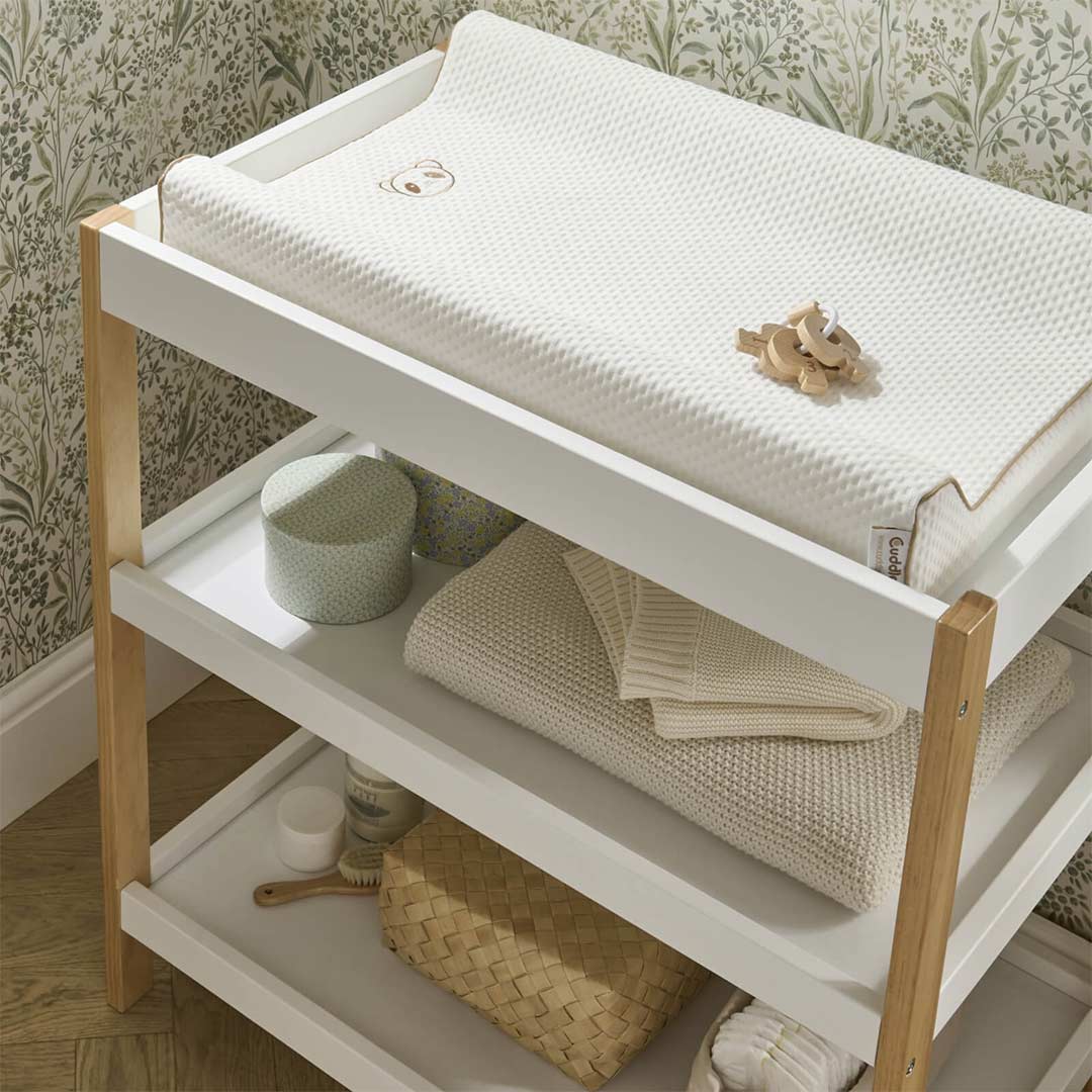 CuddleCo Nola 3 Piece Set Changer, Cot Bed + Clothes Rail - White/Natural - For Your Little One