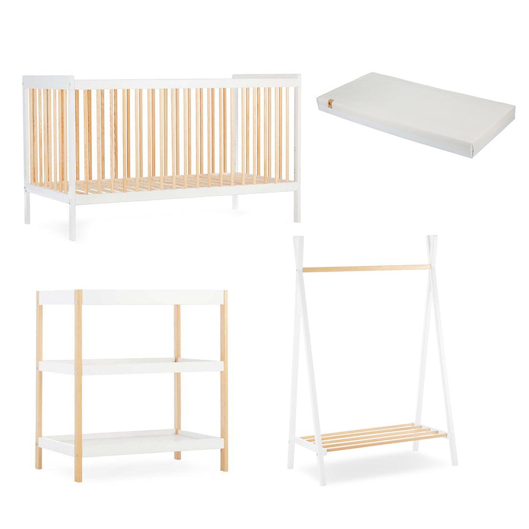CuddleCo Nola 3 Piece Set Changer, Cot Bed + Clothes Rail - White/Natural - For Your Little One