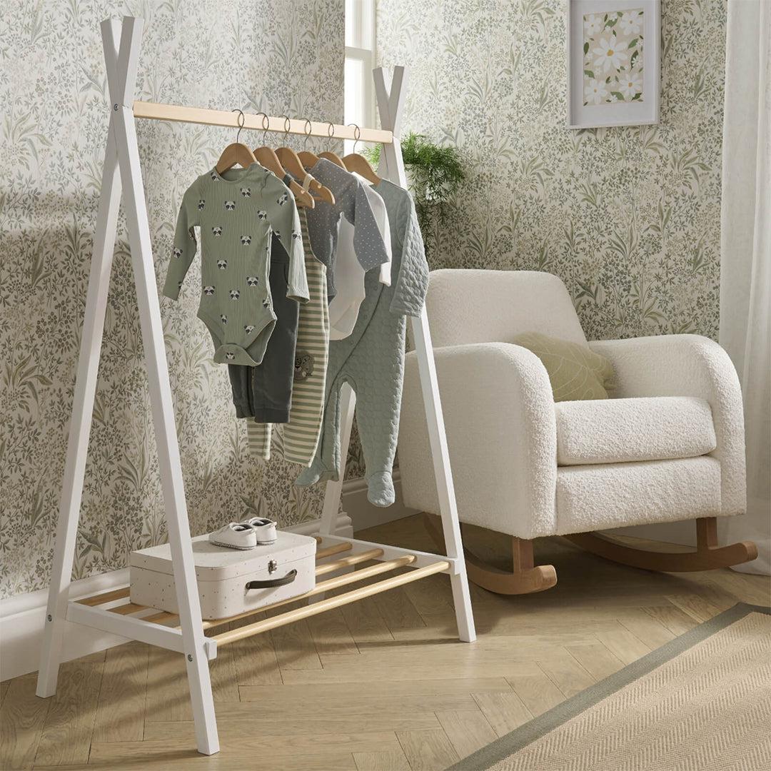 CuddleCo Nola 3 Piece Set Changer, Cot Bed + Clothes Rail - White/Natural - For Your Little One