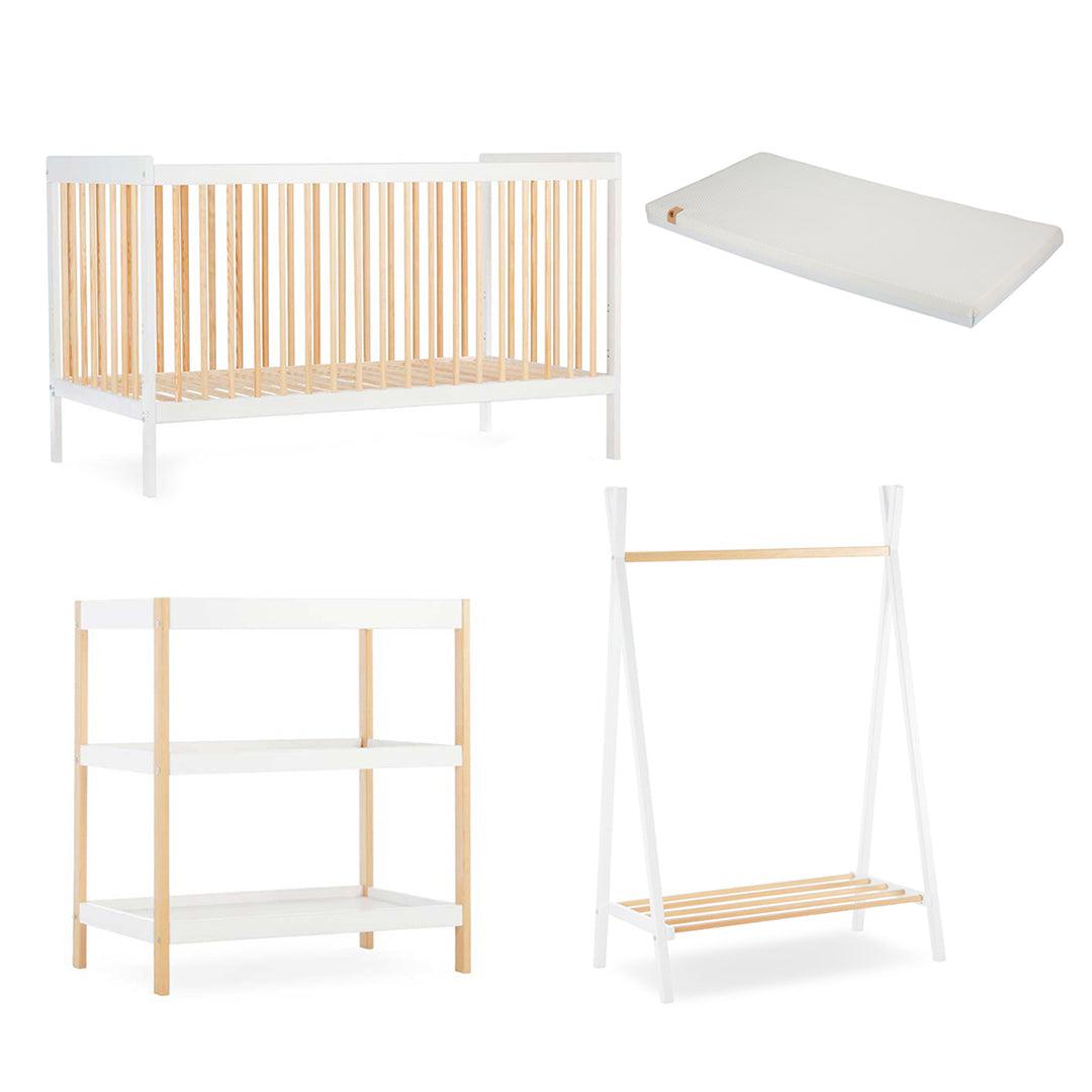 CuddleCo Nola 3 Piece Set Changer, Cot Bed + Clothes Rail - White/Natural - For Your Little One