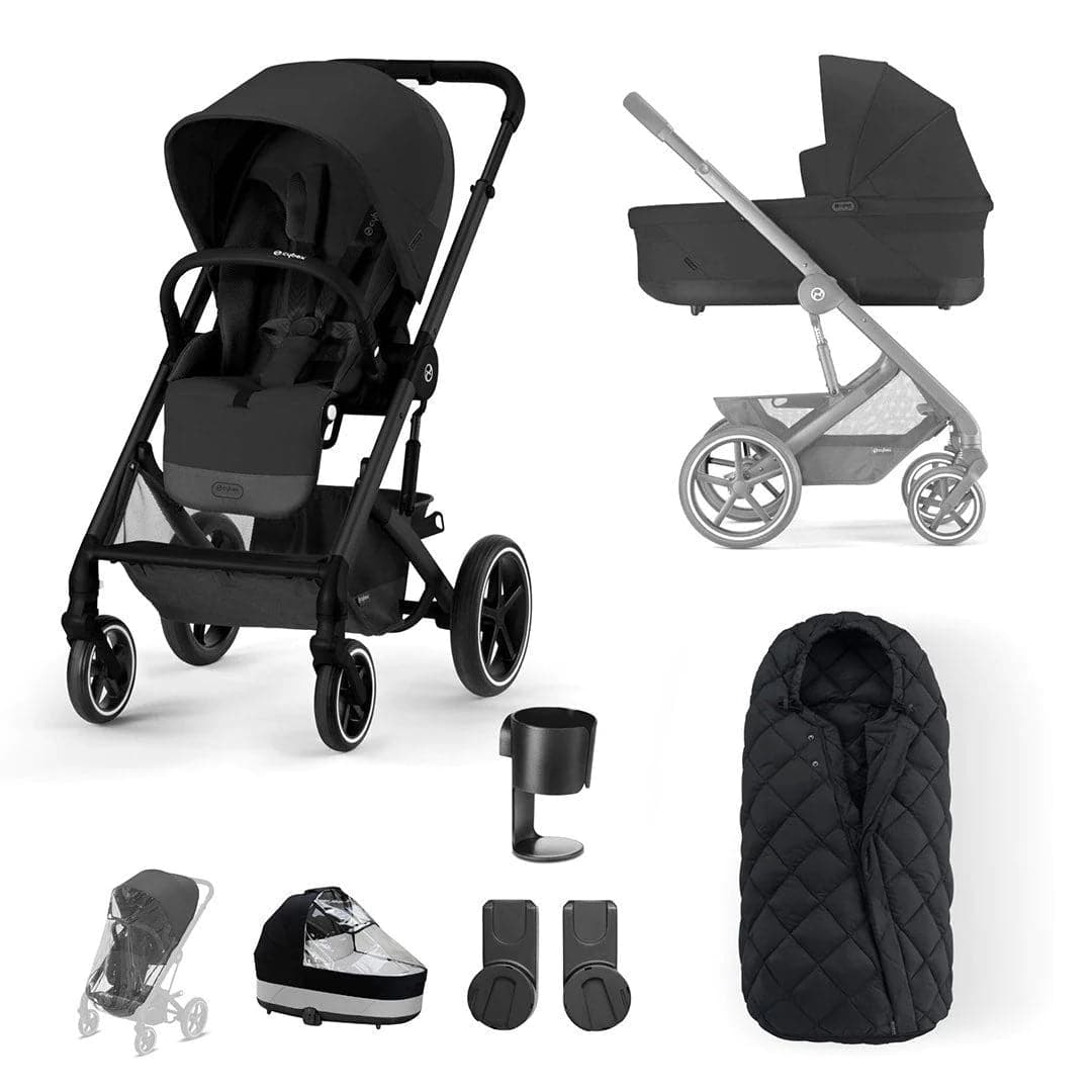 Cybex Balios S Lux 8 Piece Essential Pushchair Bundle - Moon Black - SNOGGA Footmuff | For Your Little One