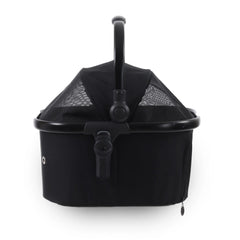 Black pet stroller basket with curved handle and mesh canopy