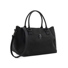 Black overnight bag with dual handles, front logo badge, and side zip pouch