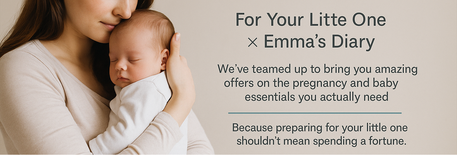 Woman holding a baby with promotional text overlay on a beige background