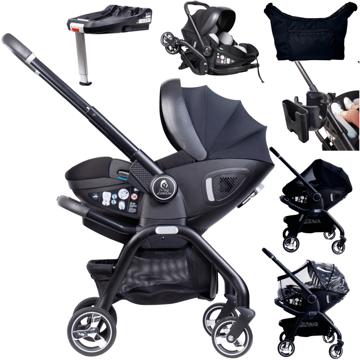For Your Little One Qubi Infant Car Seat & Stroller 7 Piece Bundle - Eclipse Black - For Your Little One