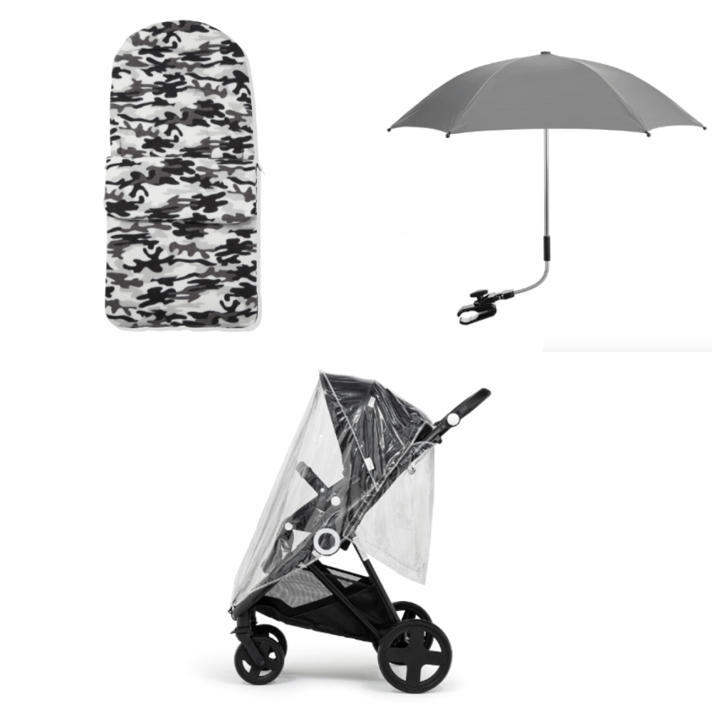 Grey Camouflage Footmuff, Parasol and Universal Rain cover Pushchair Bundle - For Your Little One