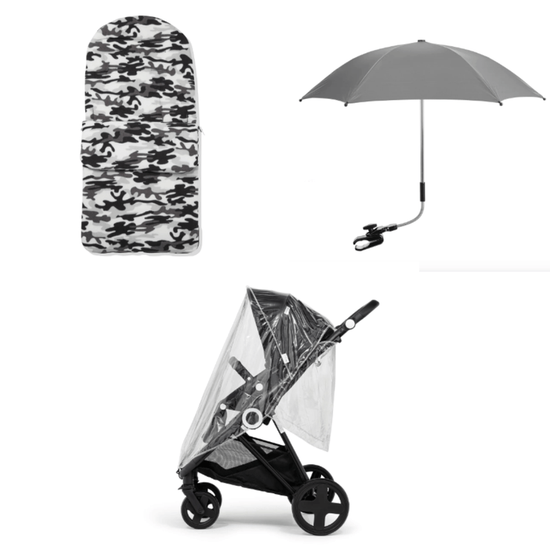 Grey Camouflage Footmuff, Parasol and Universal Rain cover Pushchair Bundle