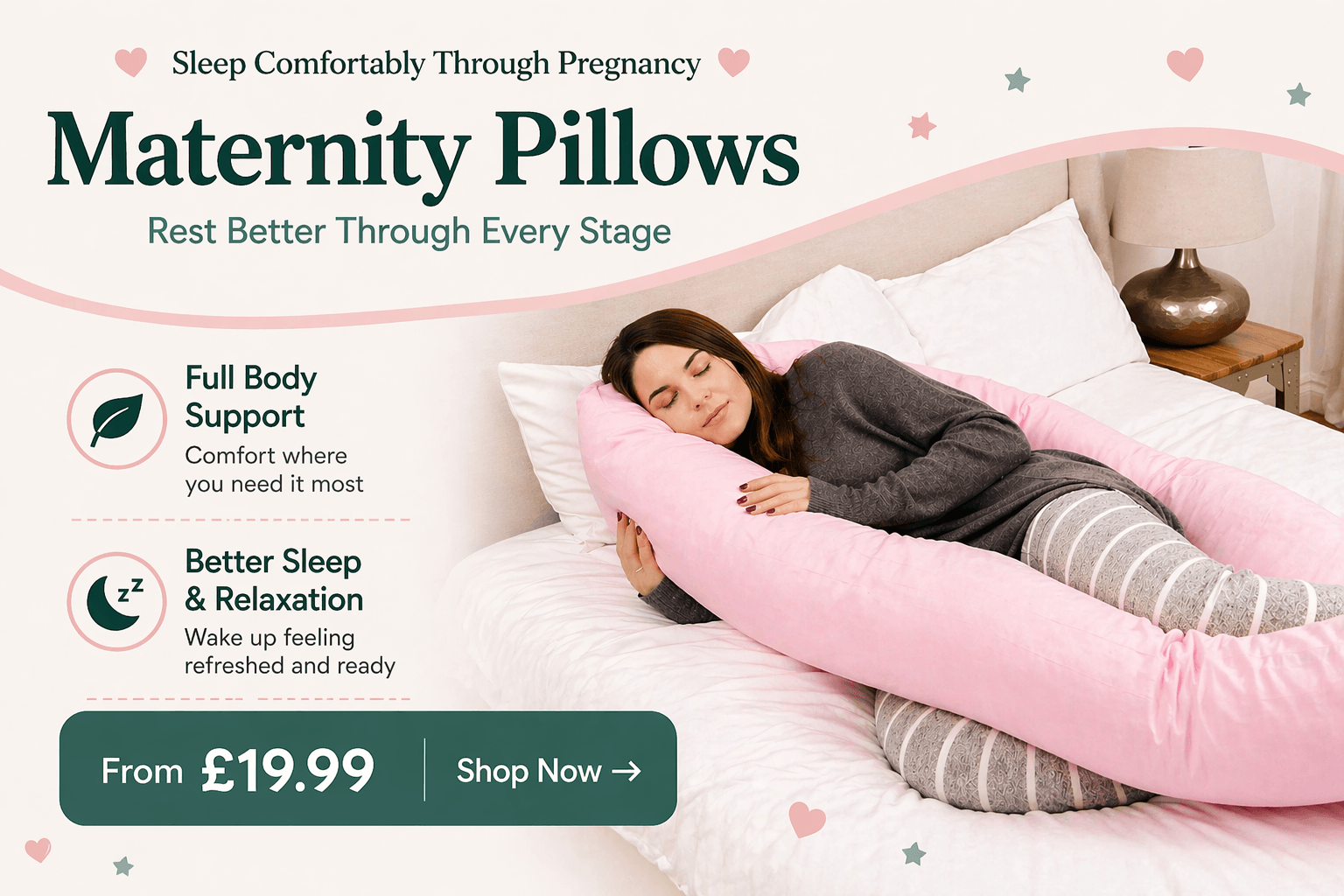 Maternity pillow advertisement with a woman lying on a bed using the pillow, featuring text about full body support and better sleep.