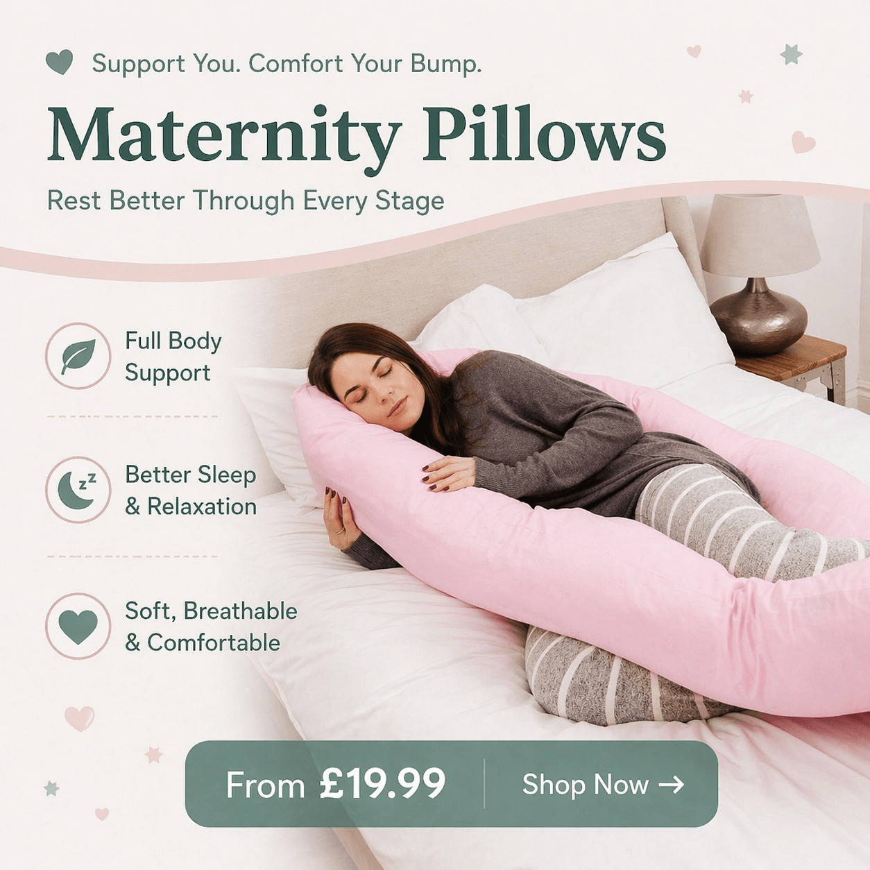 Maternity pillow advertisement with a woman lying on a bed using the pillow.
