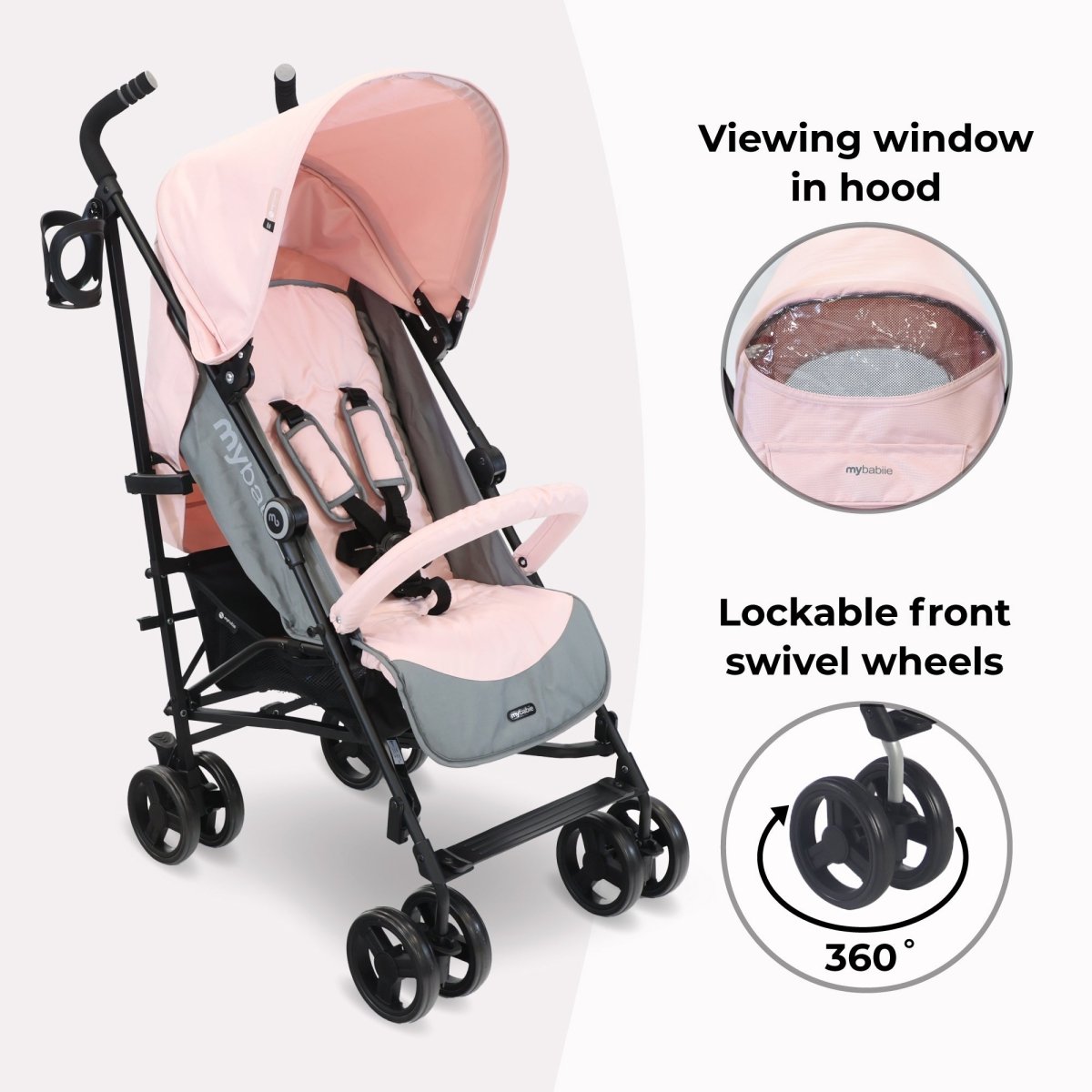 My Babiie MB02 Plus Lightweight Stroller - Pink and Grey - For Your Little One