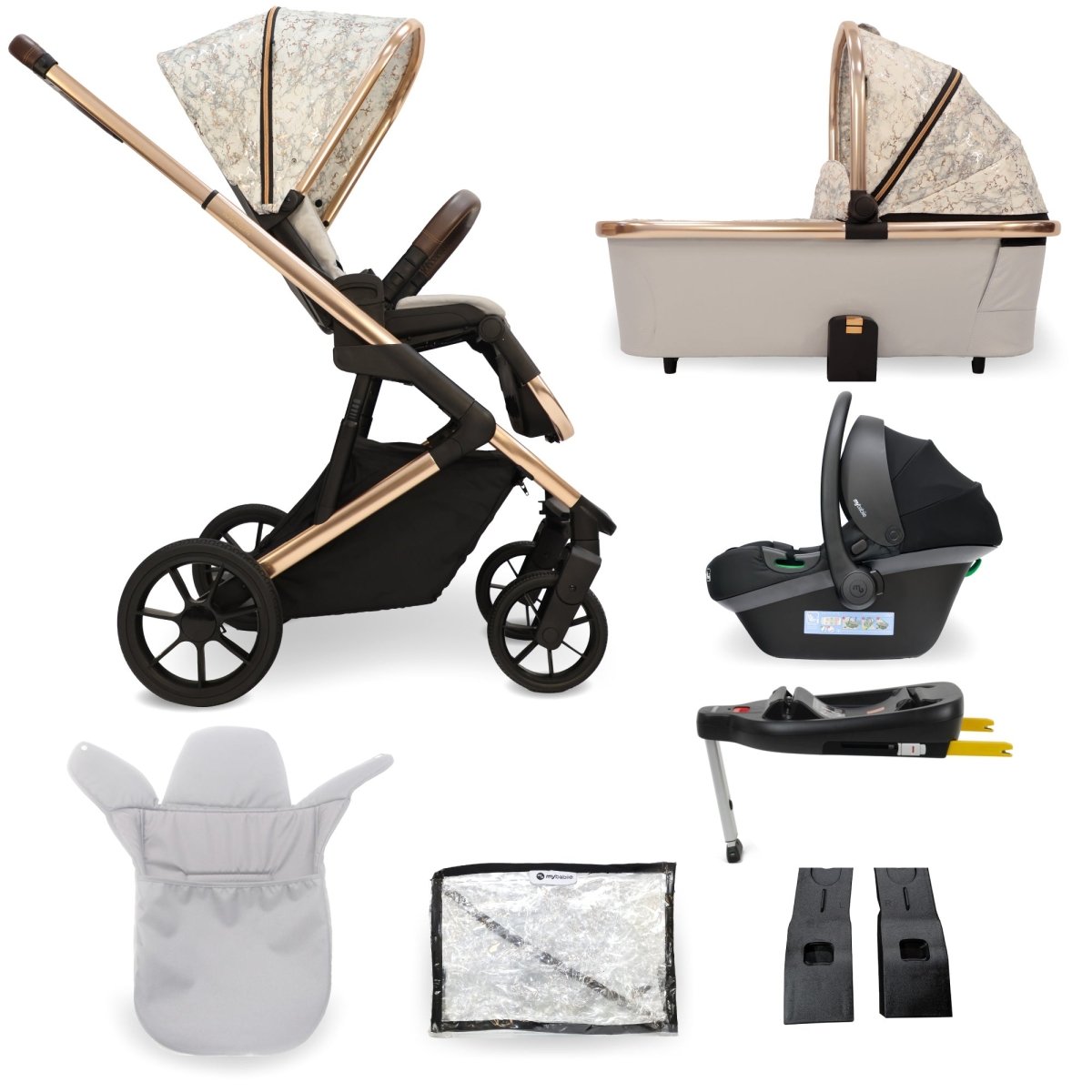 My Babiie MB500i 3 - in - 1 Travel System Wiith Base - Rose Gold Marble - For Your Little One