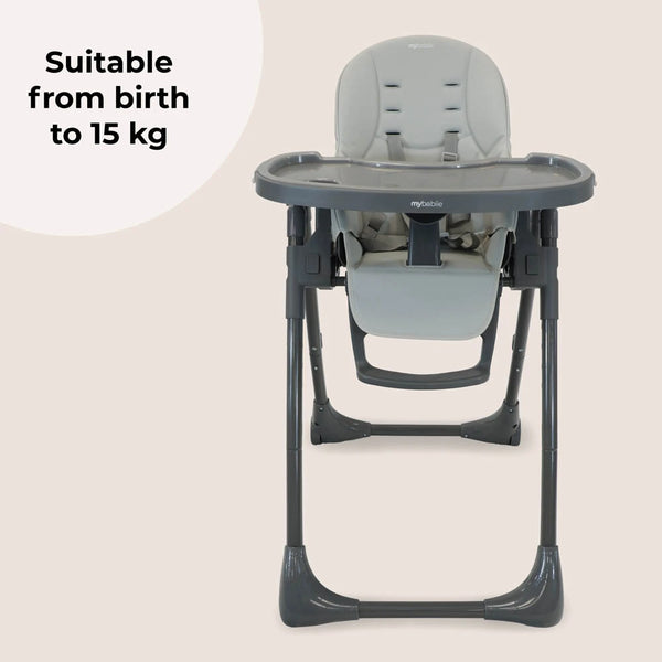 Grey high chair with removable tray, padded seat, and adjustable recline frame