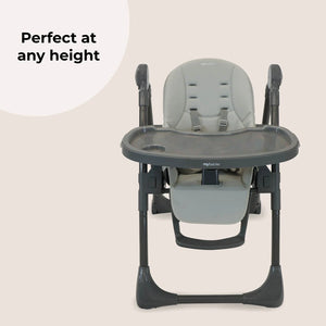 Grey high chair with tray and safety harness, adjustable seat back, front view