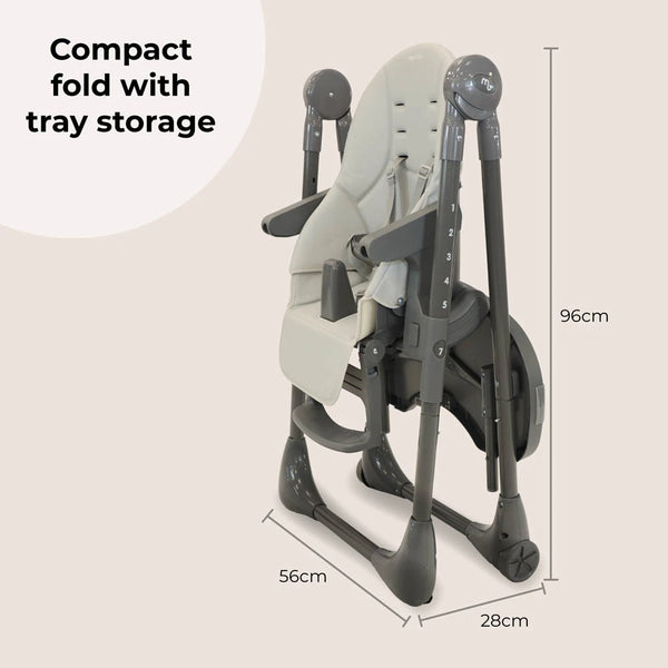 Grey high chair folded with tray storage, compact fold and wheels