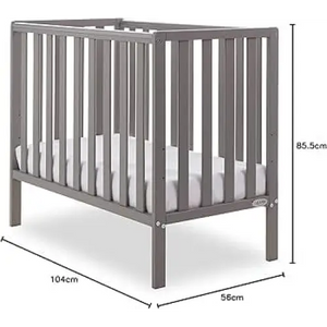 Taupe grey cot with size labels 104cm x 58cm x 85.5cm and vertical slats
