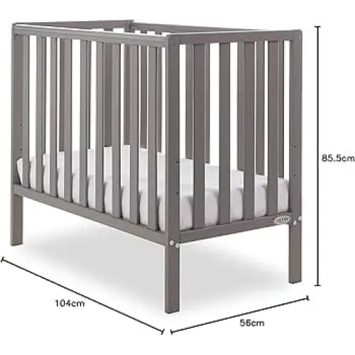 Taupe grey cot with size labels 104cm x 58cm x 85.5cm and vertical slats