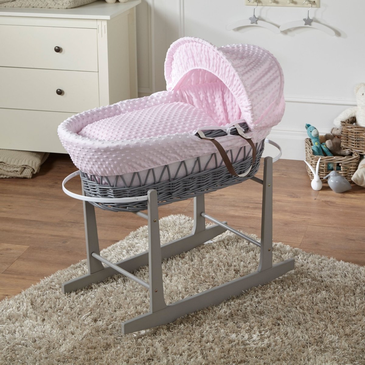 Pink Dimple Grey Wicker Baby Moses Basket With Stand - For Your Little One