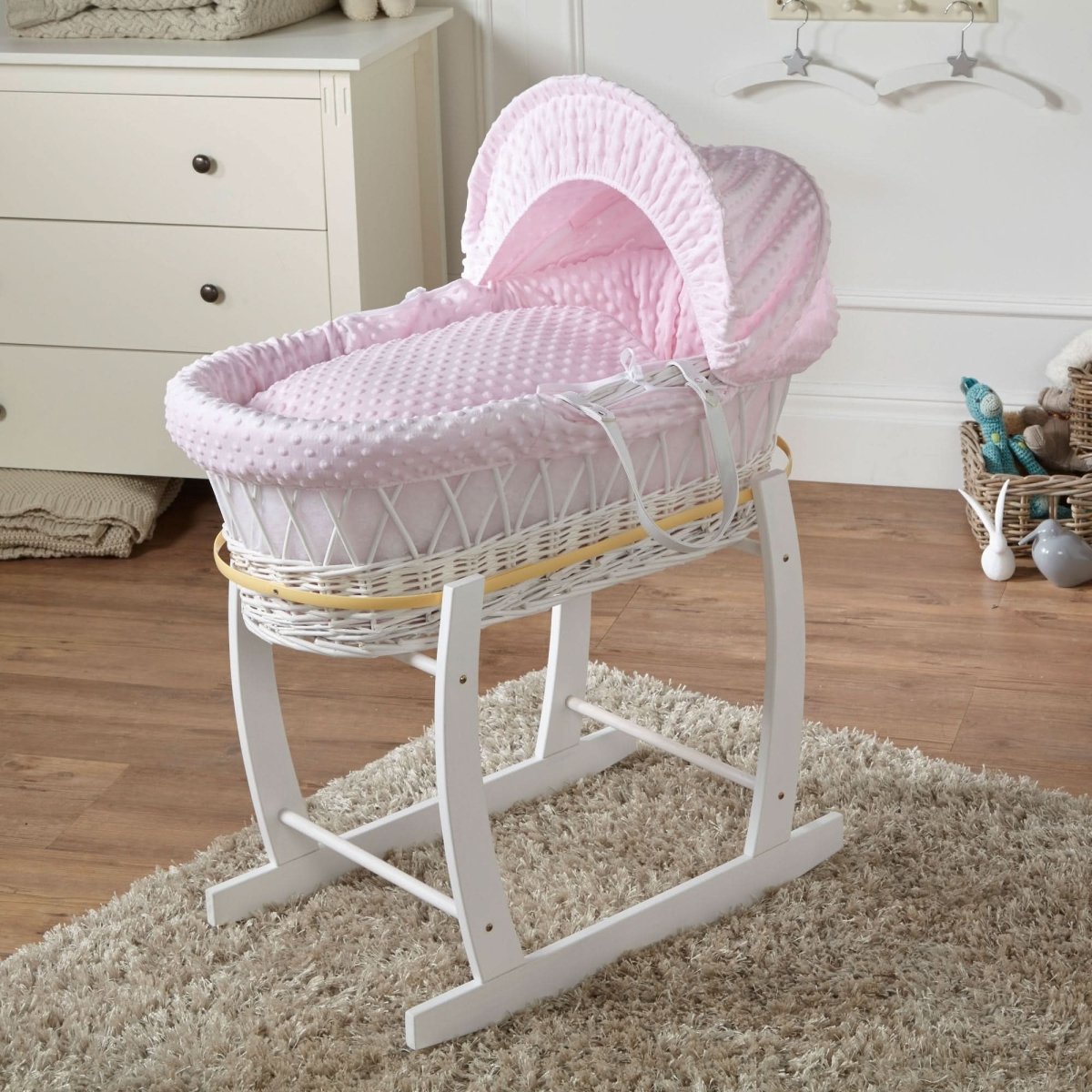 Pink Dimple White Wicker Baby Moses Basket With Stand - For Your Little One