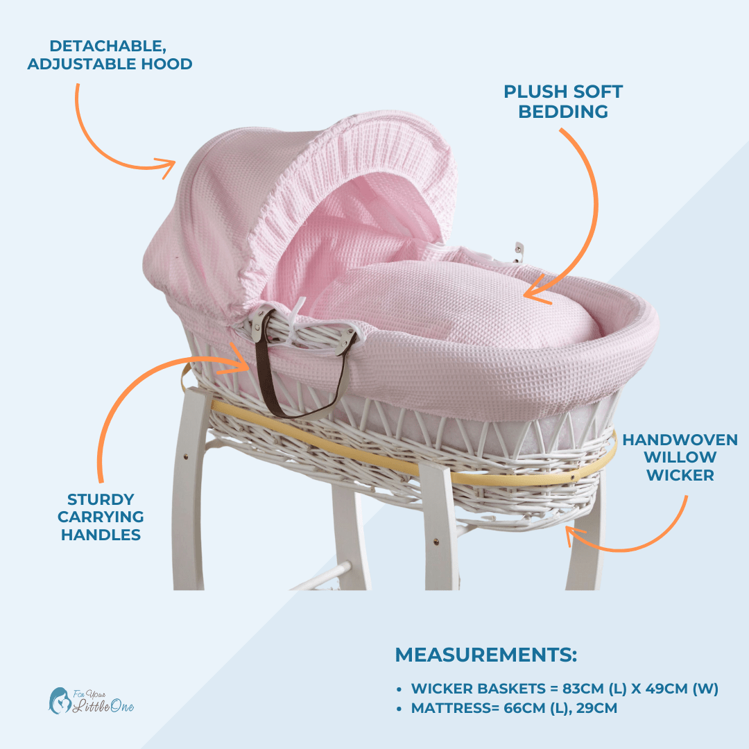 Pink Waffle White Wicker Baby Moses Basket With Stand - For Your Little One