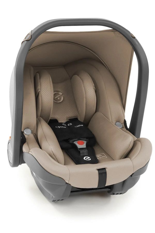 Beige baby capsule car seat with gray shell, headrest padding and harness