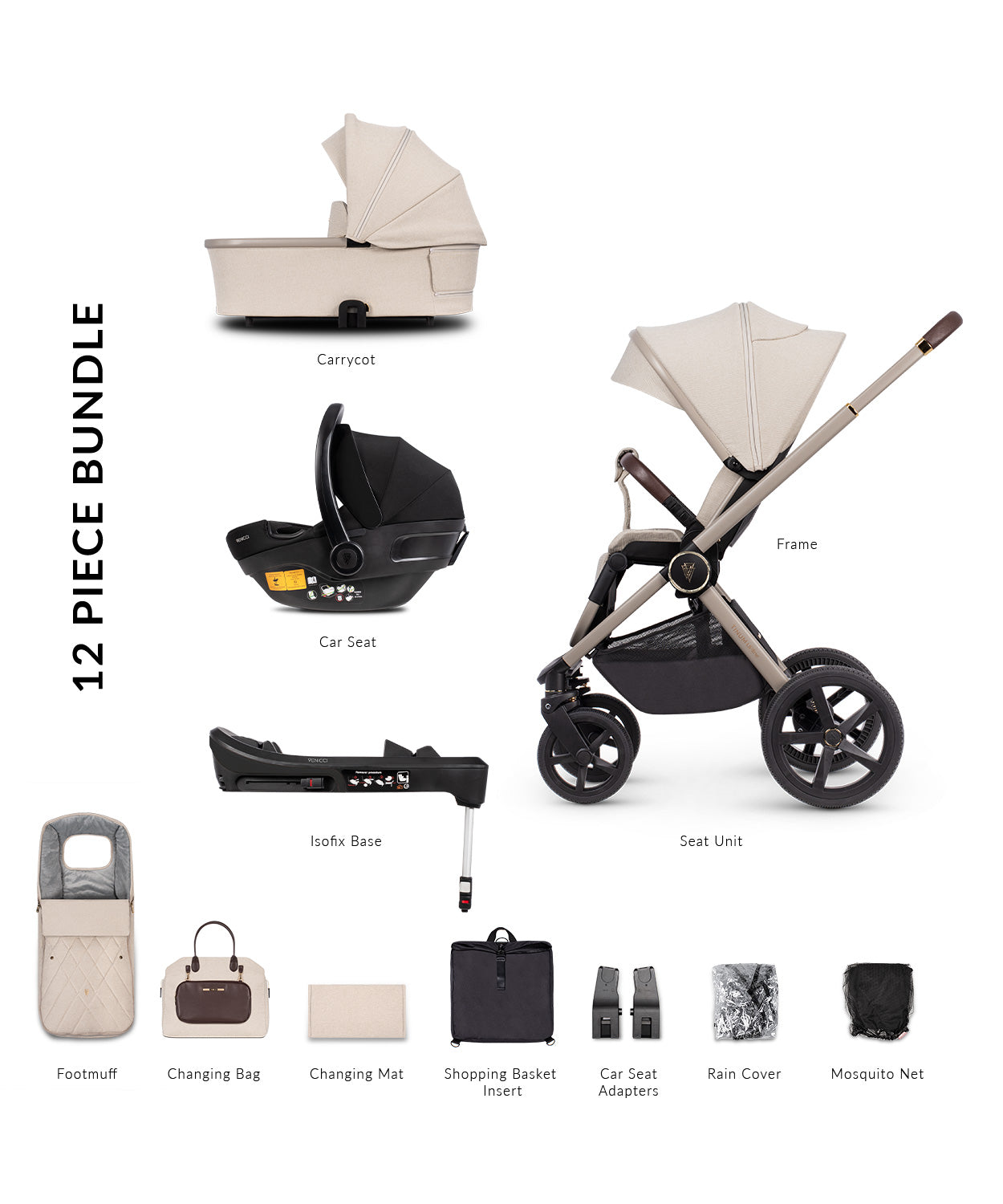 Venicci Tinum Upline 3 in 1 Travel System Bundle + Base - Stone Beige - For Your Little One