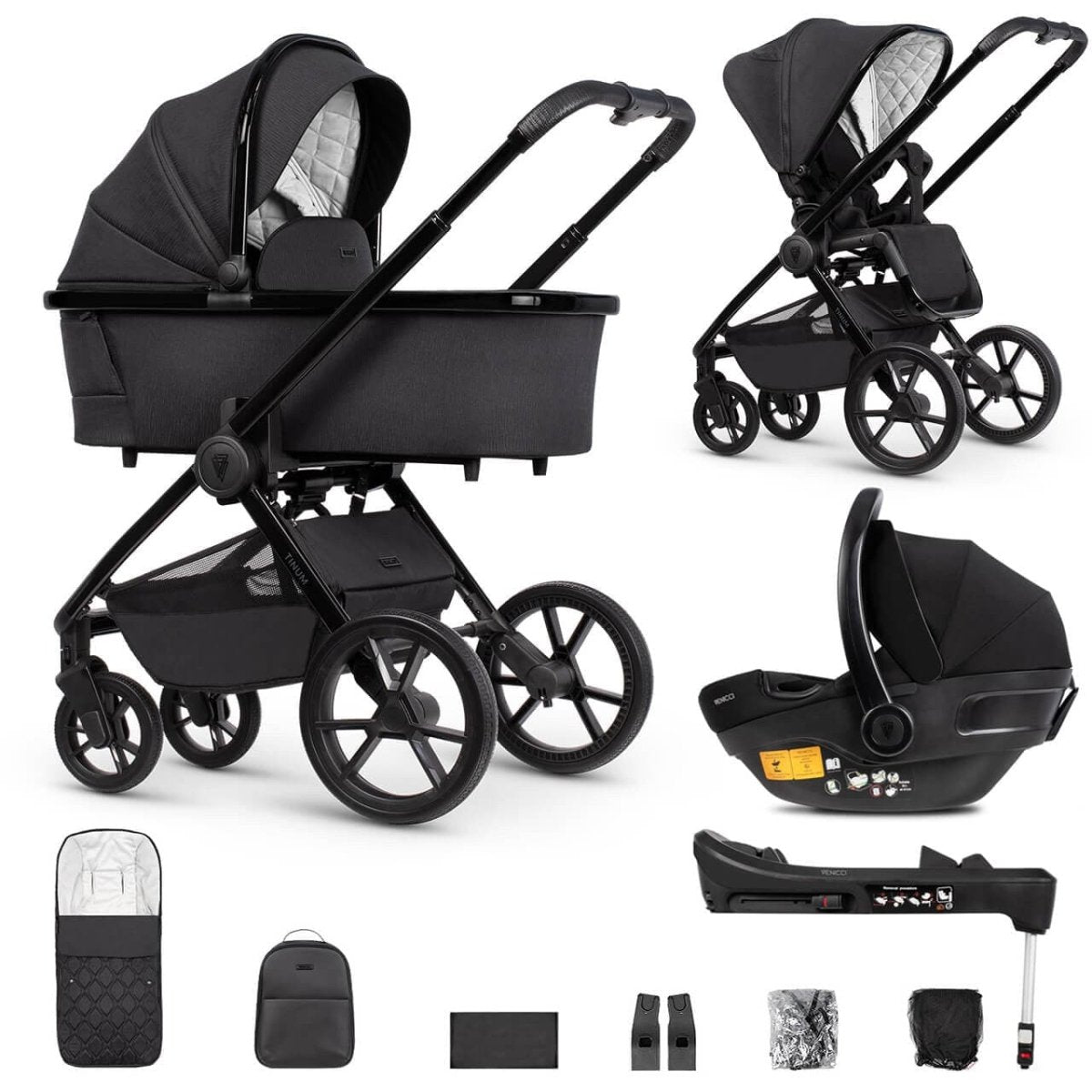 Venicci Tinum Edge 3 In 1 + Base Bundle Travel System - Raven FREE Parasol & Carrycot Elevators - For Your Little One