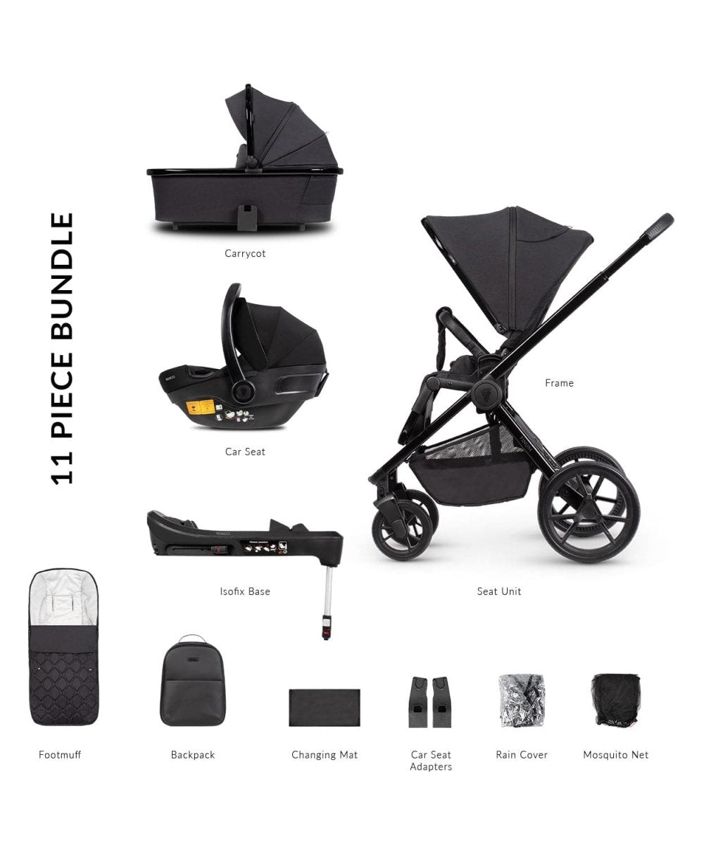 Venicci Tinum Edge 3 In 1 + Base Bundle Travel System - Raven FREE Parasol & Carrycot Elevators - For Your Little One