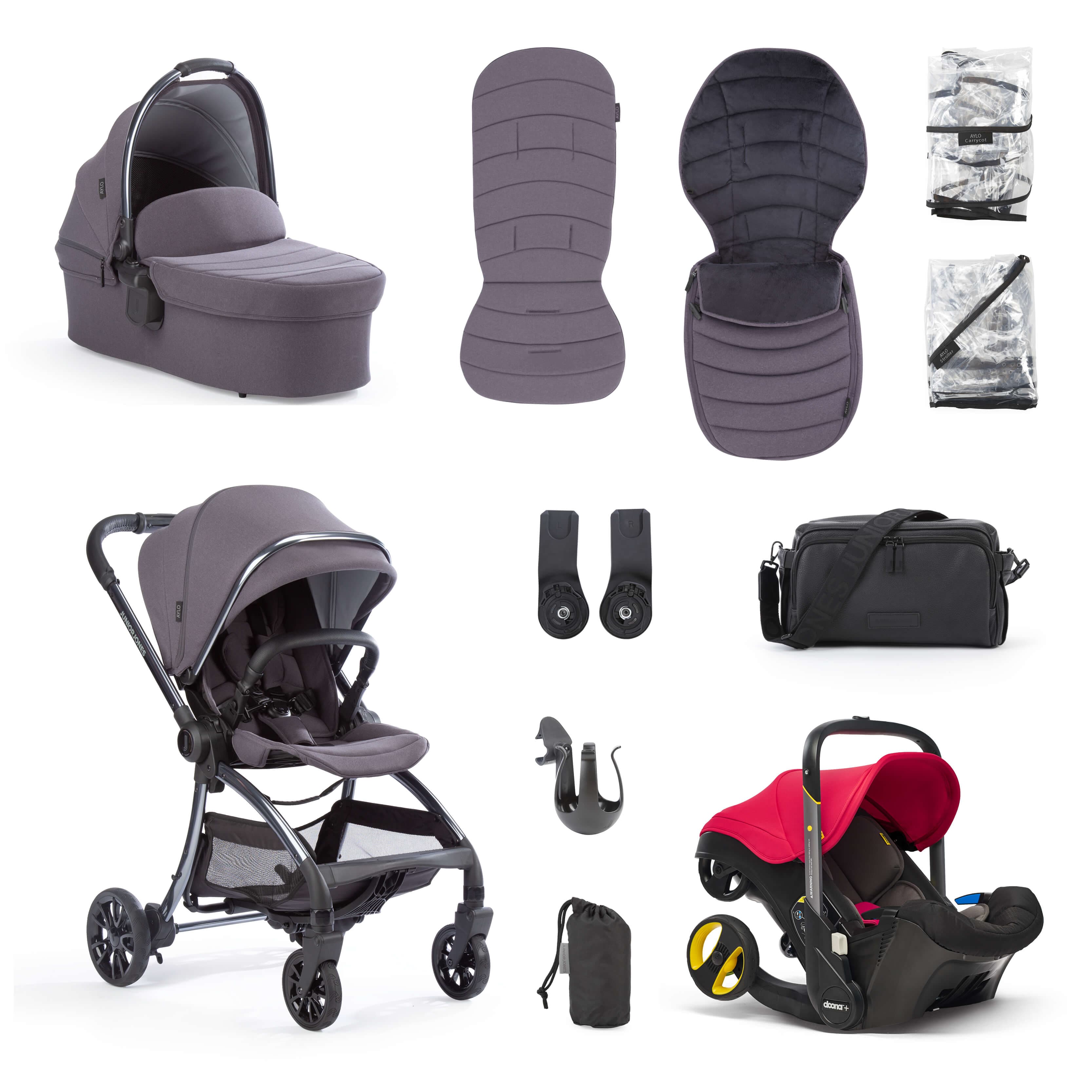 Junior Jones Aylo Dark Slate 11pc Travel System inc Doona Flame Red Car Seat -  | For Your Little One