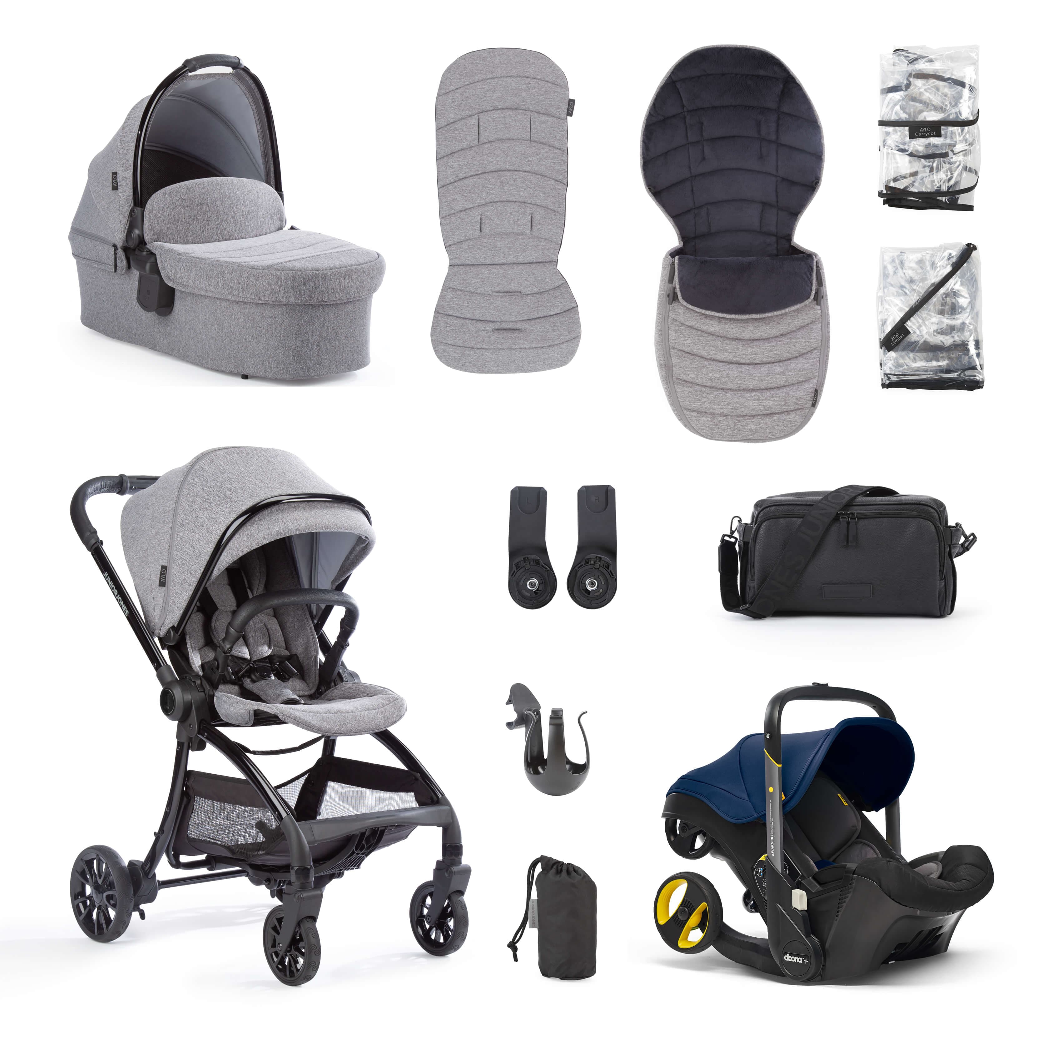Junior Jones Aylo Grey Marl 11pc Travel System inc Doona Royal Blue Car Seat -  | For Your Little One
