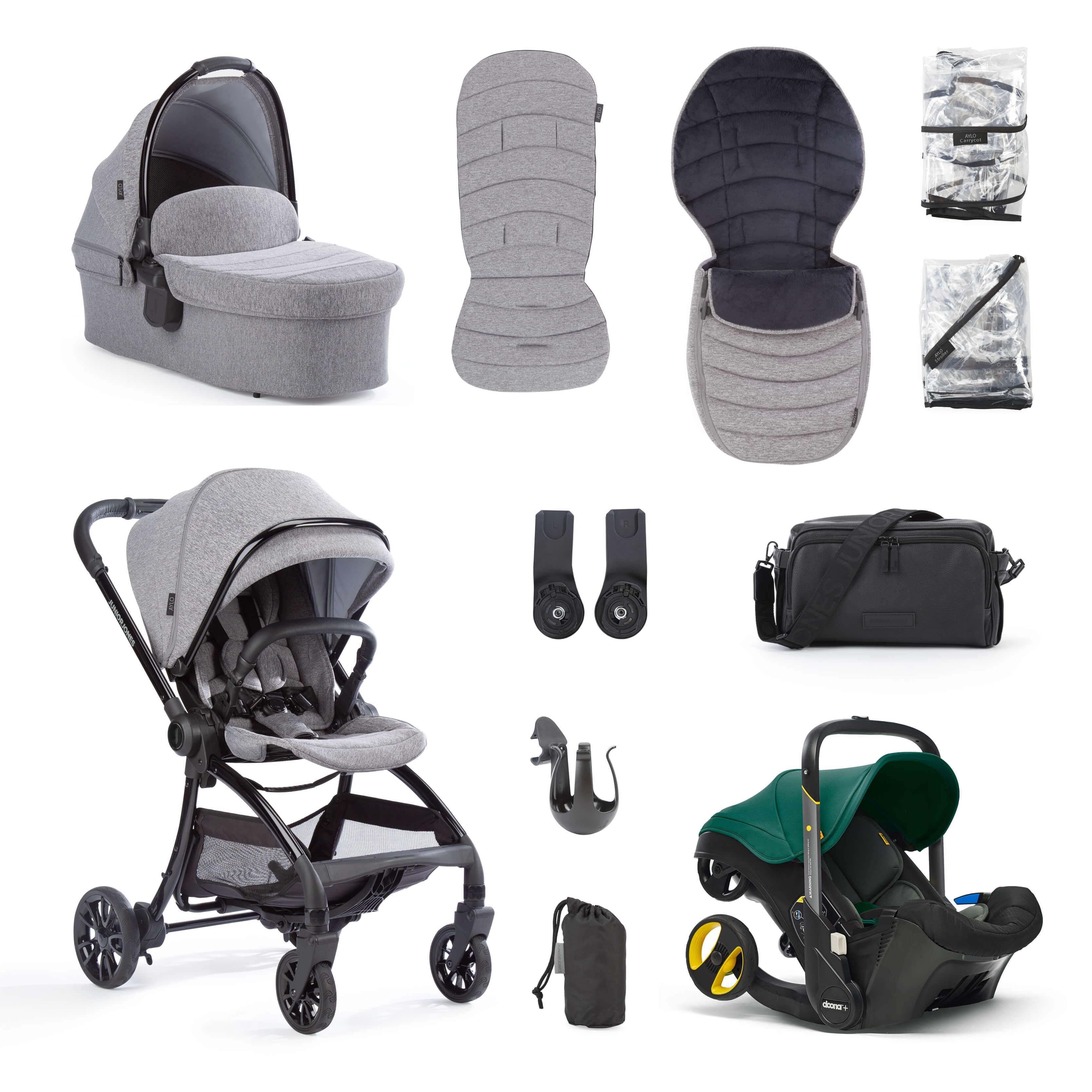 Junior Jones Aylo Grey Marl 11pc Travel System inc Doona Racing Green Car Seat -  | For Your Little One