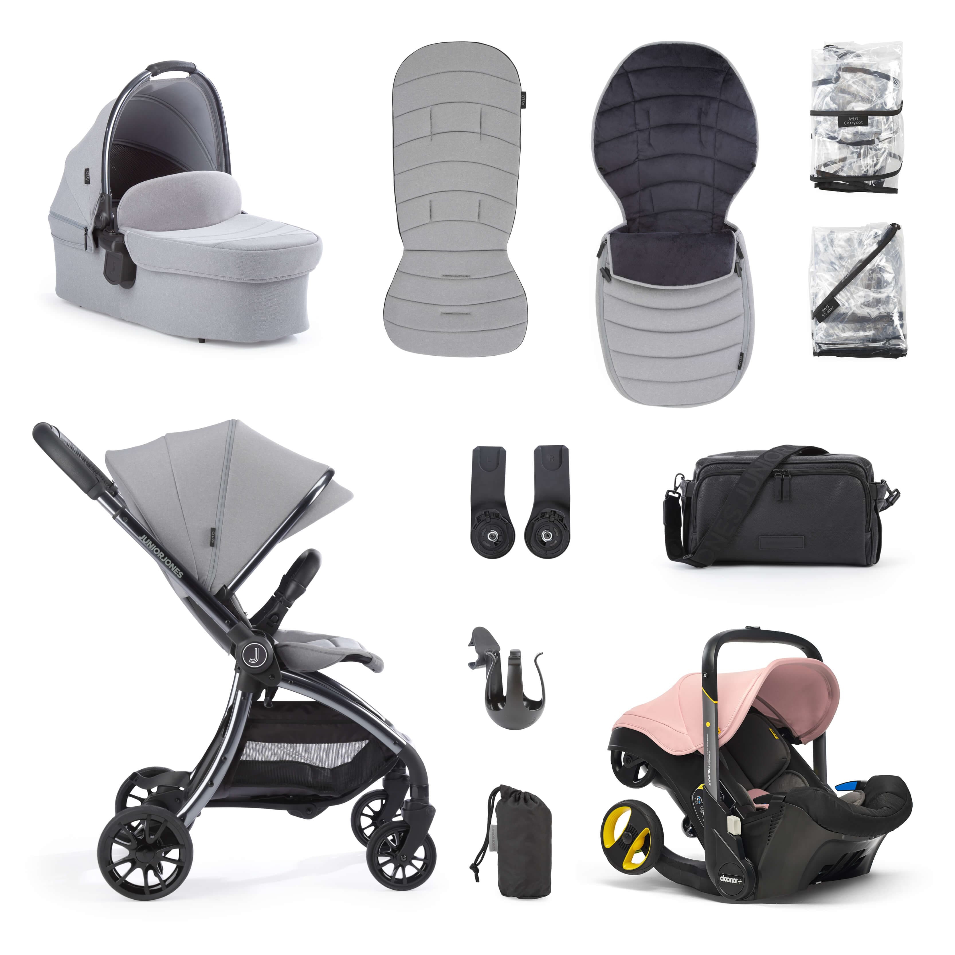 Junior Jones Aylo Pebble Grey 11pc Travel System inc Doona Blush Pink Car Seat -  | For Your Little One