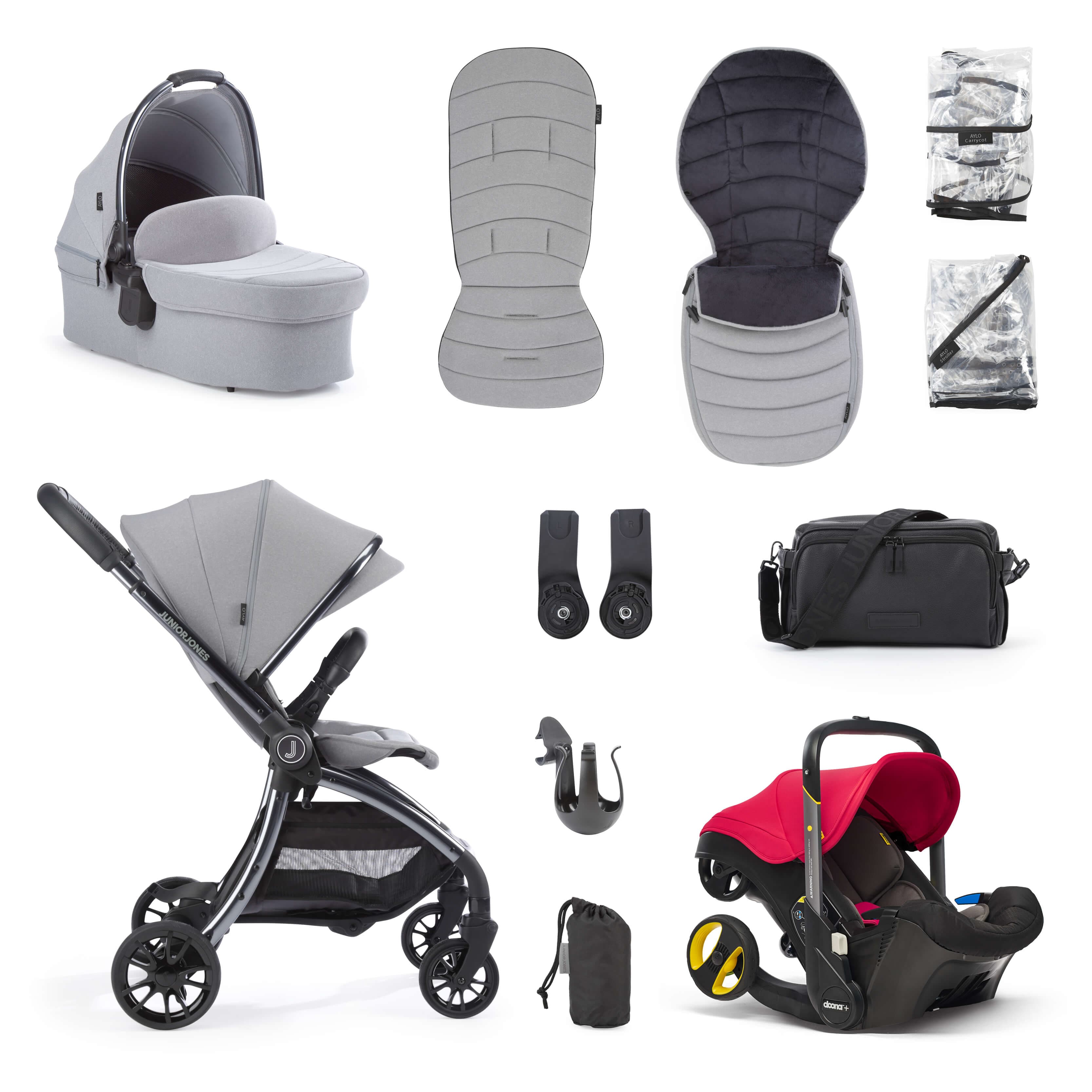 Junior Jones Aylo Pebble Grey 11pc Travel System inc Doona Flame Red Car Seat -  | For Your Little One