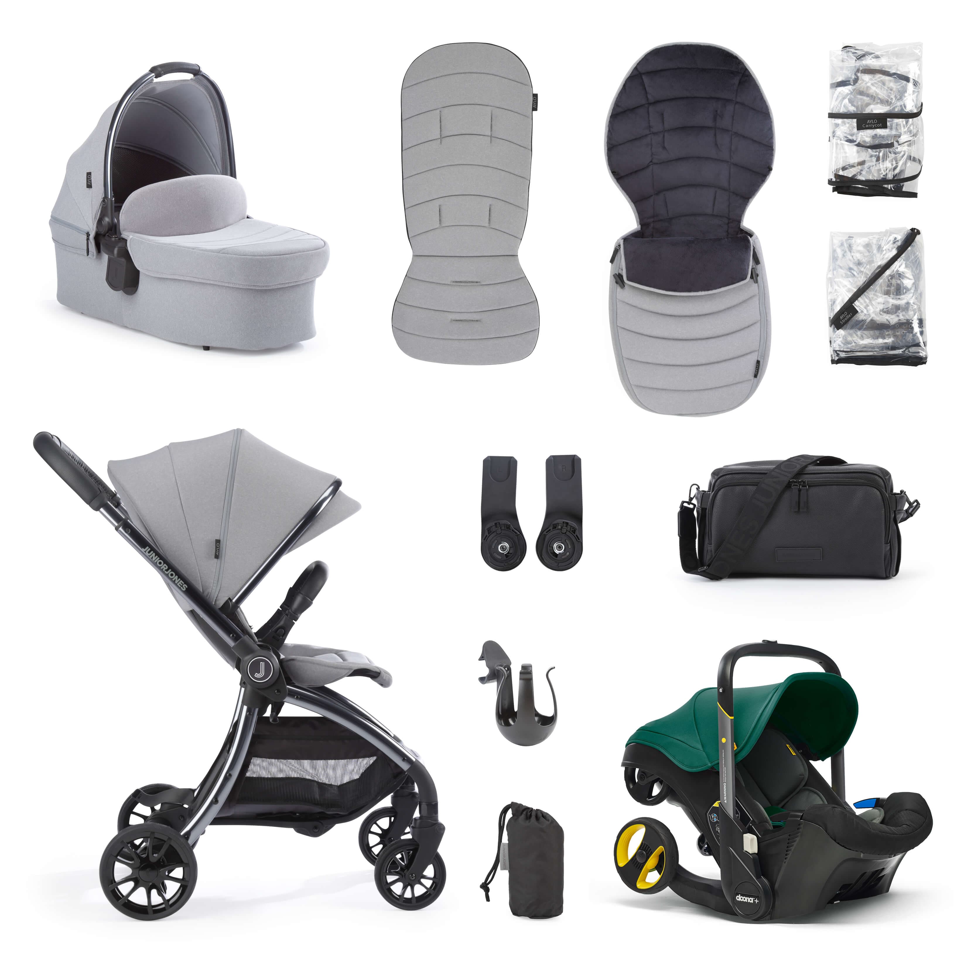 Junior Jones Aylo Pebble Grey 11pc Travel System inc Doona Racing Green Car Seat -  | For Your Little One