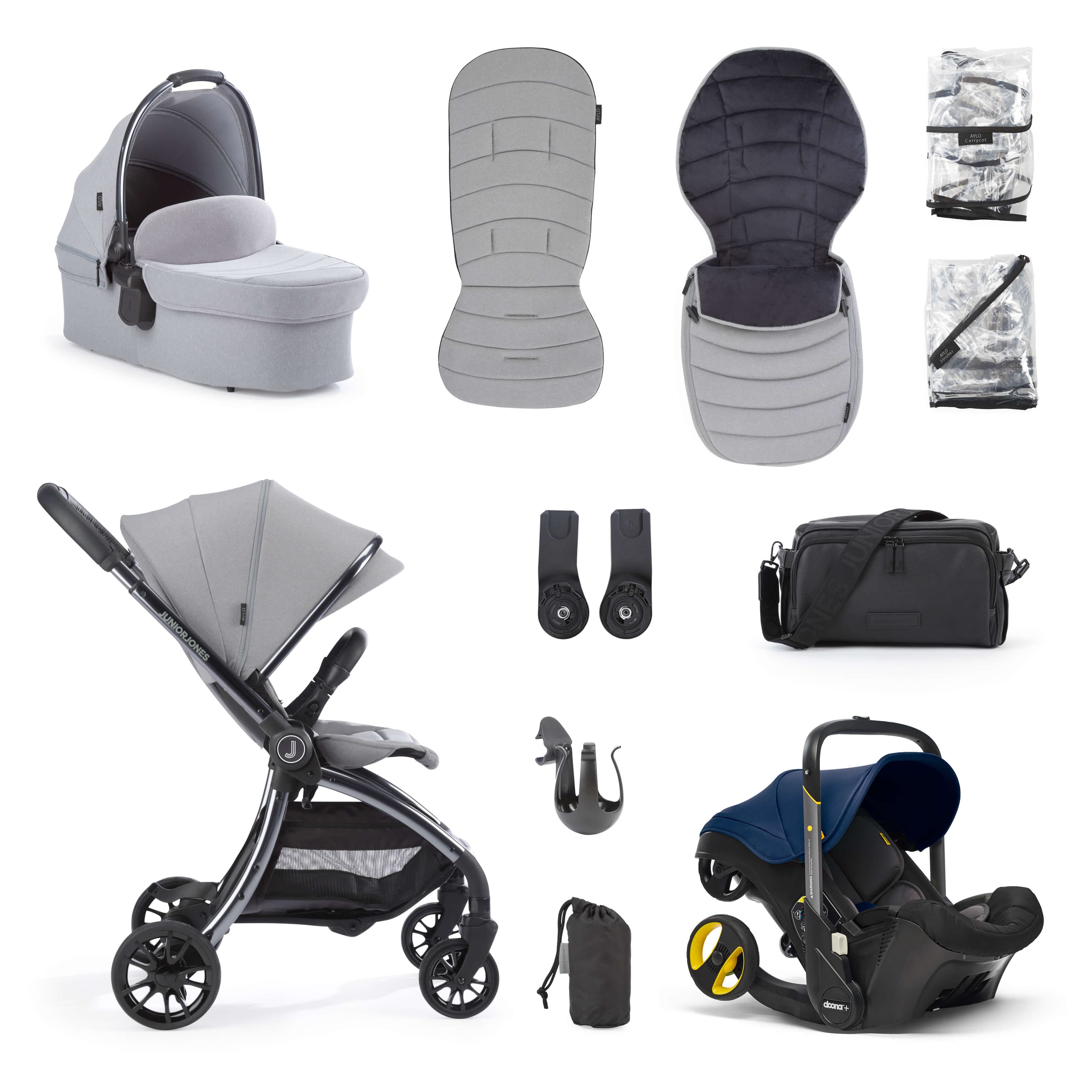 Junior Jones Aylo Pebble Grey 11pc Travel System inc Doona Royal Blue Car Seat -  | For Your Little One