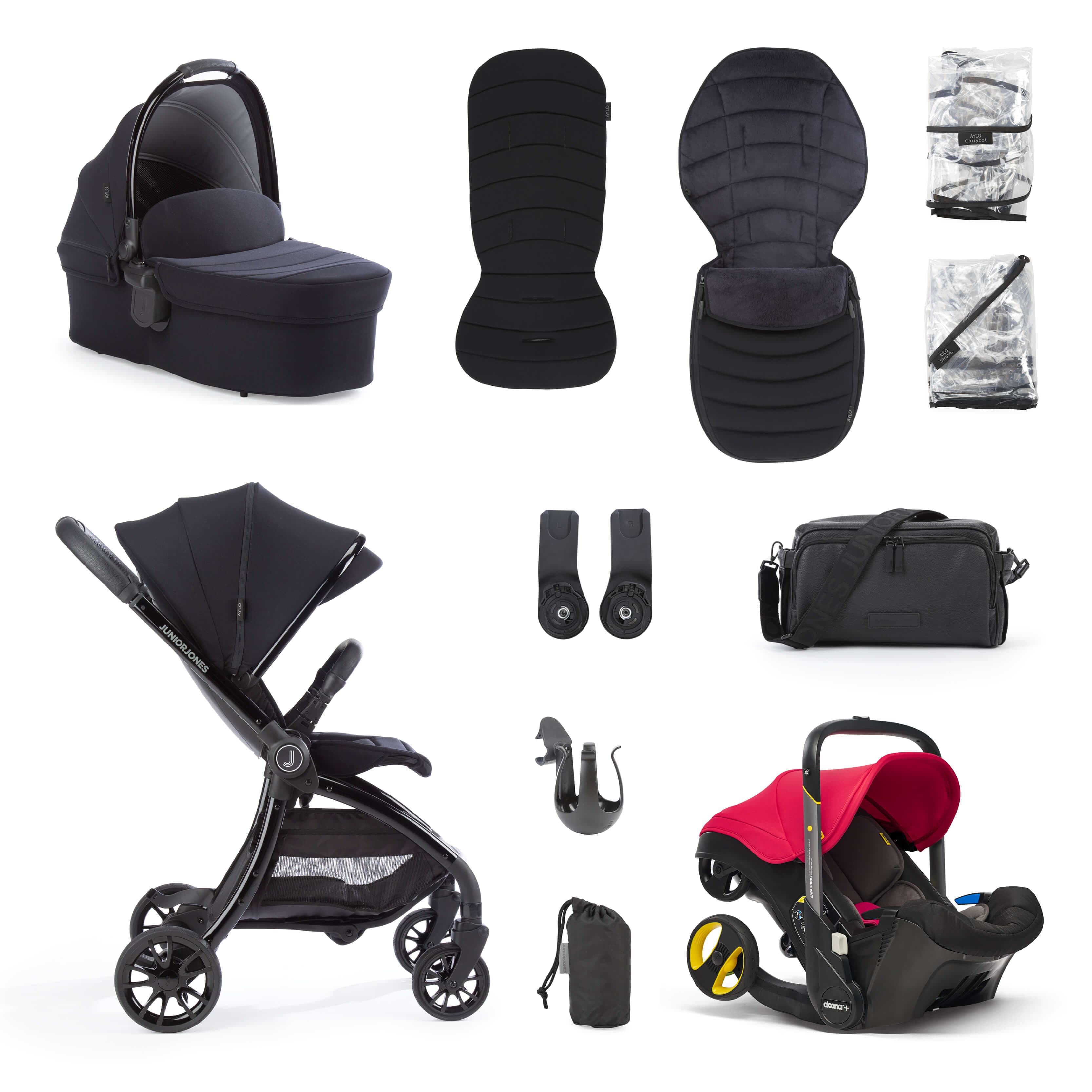 Junior Jones Aylo Rich Black 11pc Travel System inc Doona Flame Red Car Seat - For Your Little One