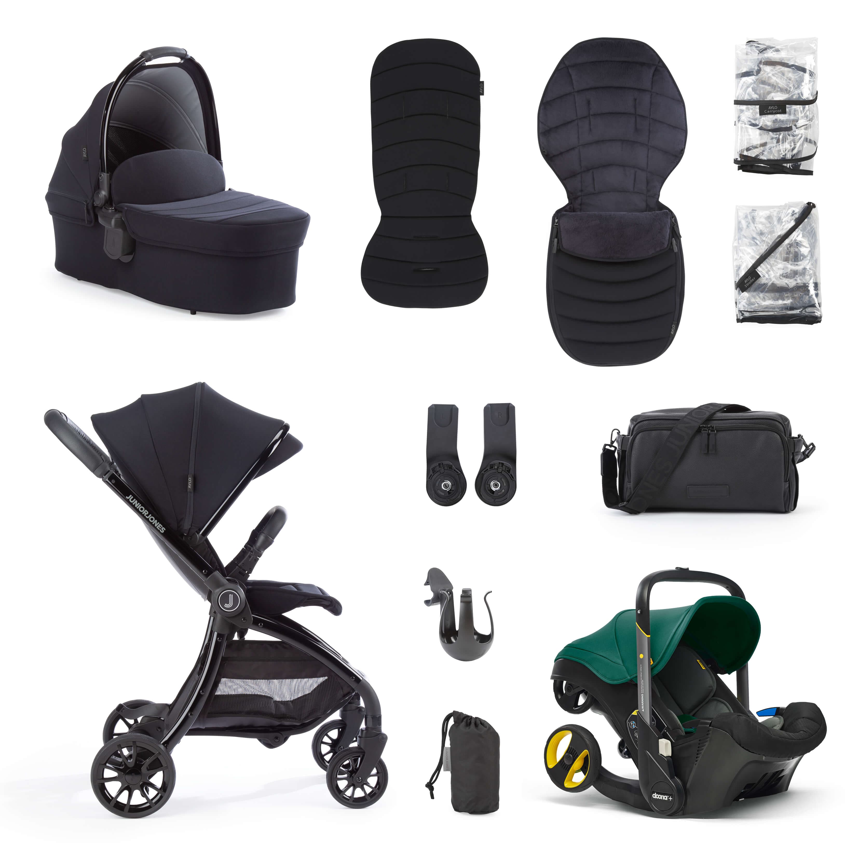 Junior Jones Aylo Rich Black 11pc Travel System inc Doona Racing Green Car Seat -  | For Your Little One