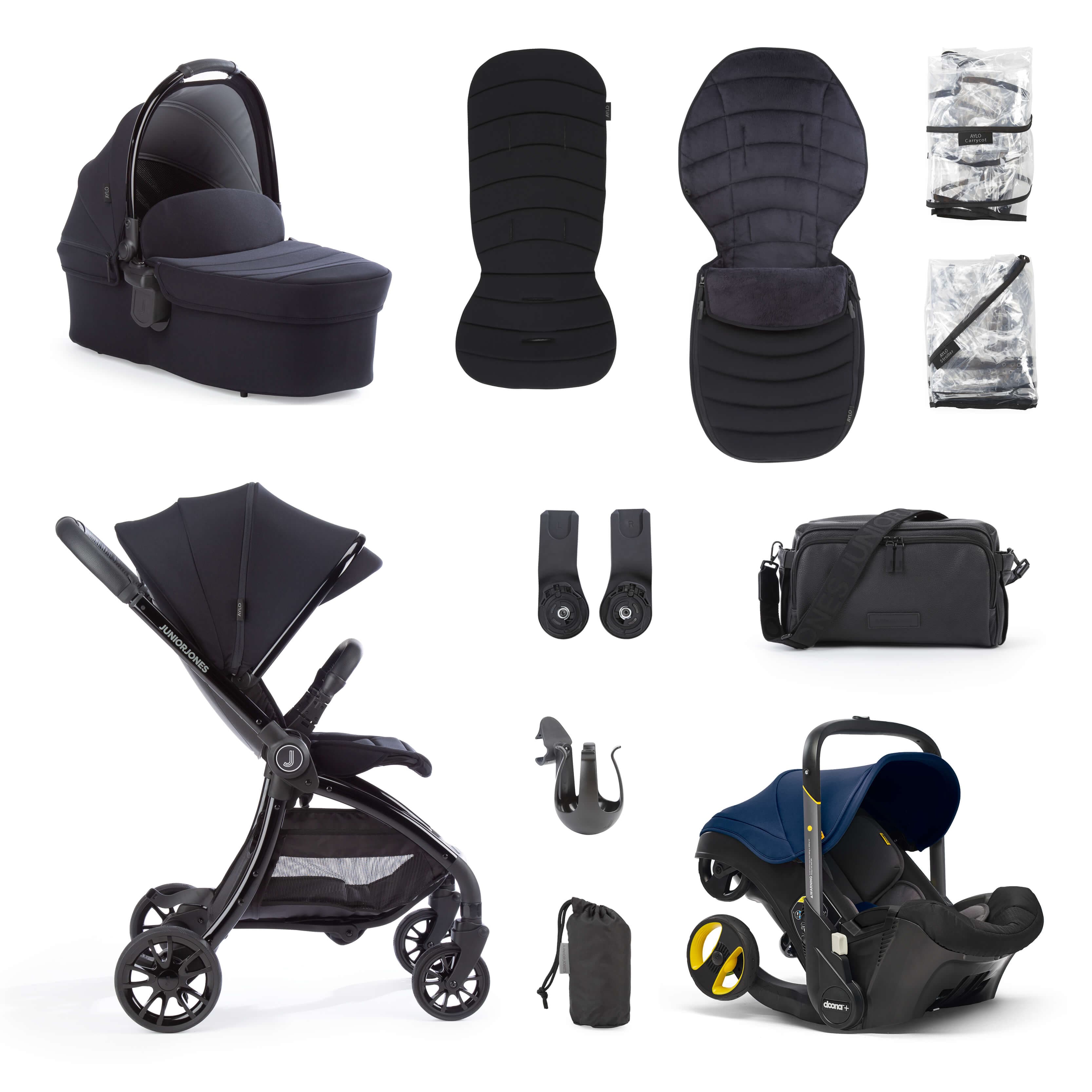 Junior Jones Aylo Rich Black 11pc Travel System inc Doona Royal Blue Car Seat -  | For Your Little One