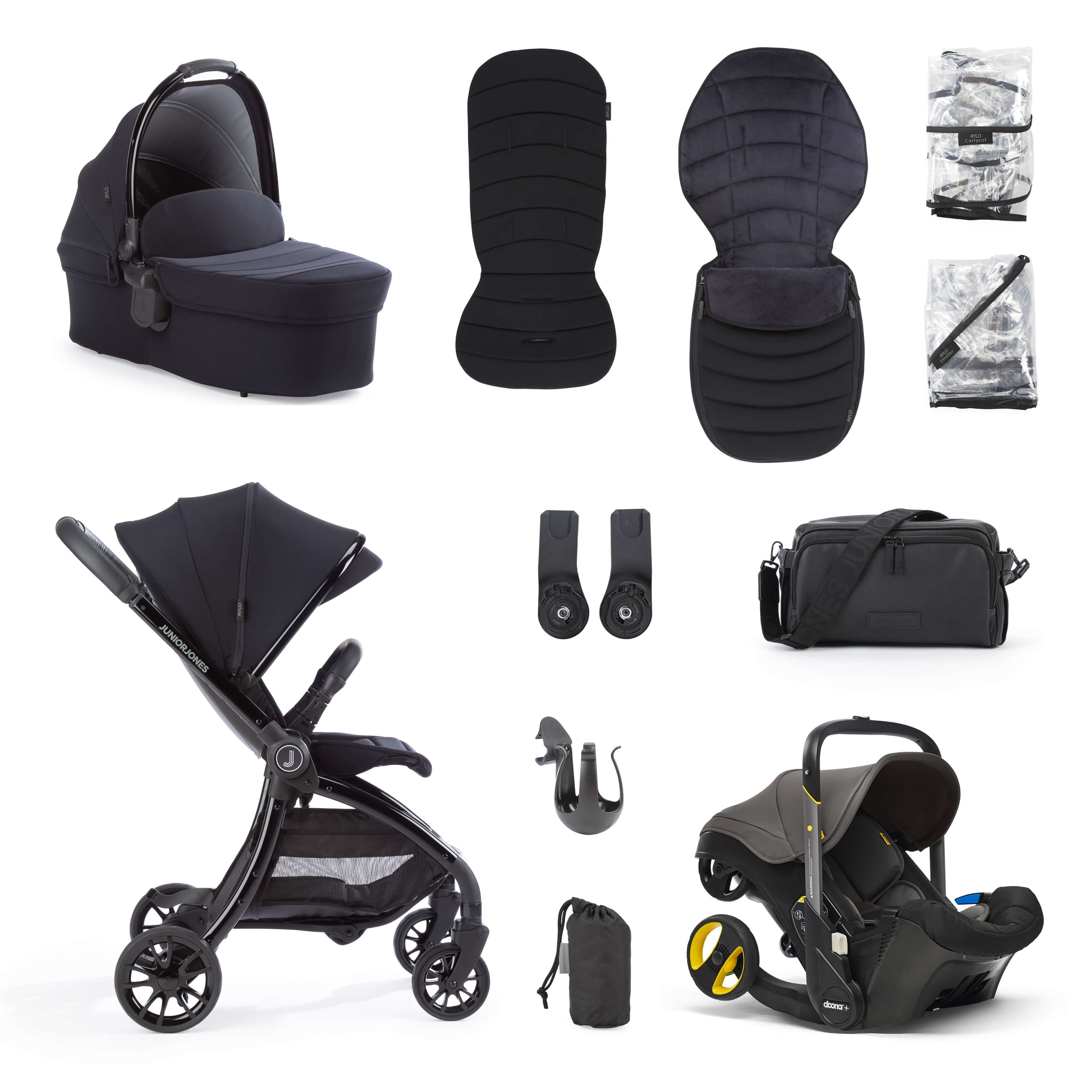 Junior Jones Aylo Rich Black 11pc Travel System inc Doona Urban Grey Car Seat - For Your Little One