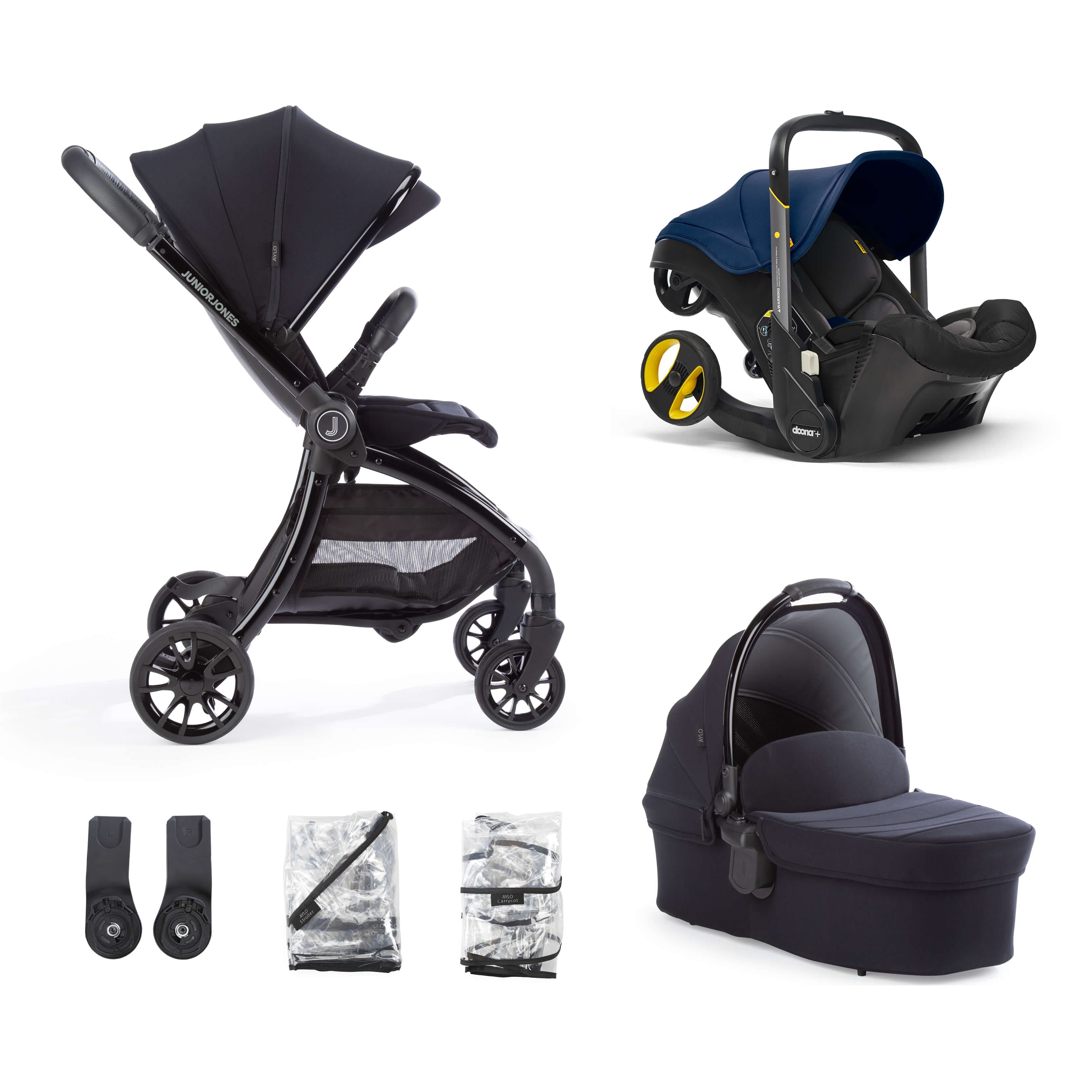 Junior Jones Aylo Rich Black 6pc Travel System inc Doona Royal Blue Car Seat - For Your Little One