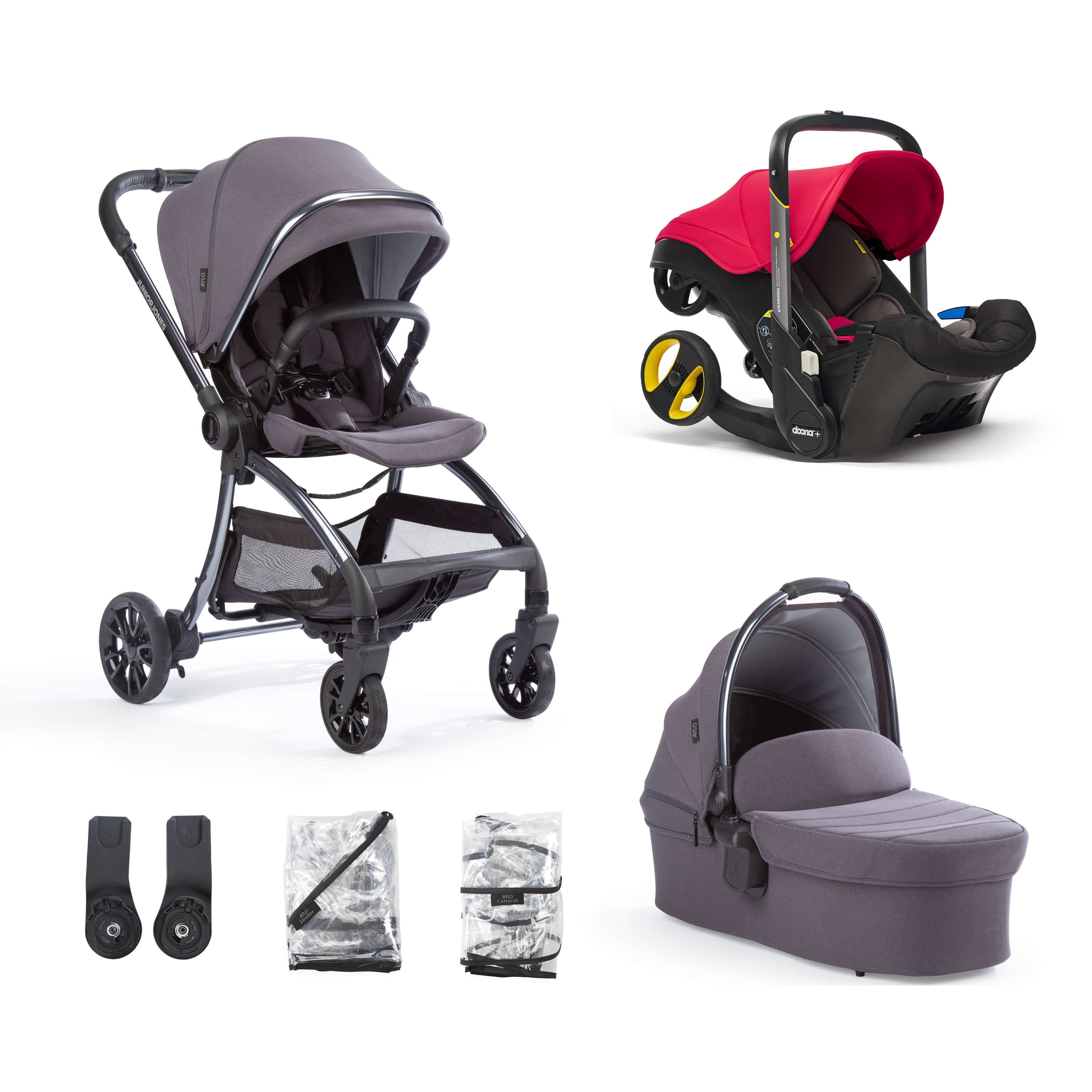 Junior Jones Aylo Dark Slate 6pc Travel System inc Doona Flame Red Car Seat -  | For Your Little One