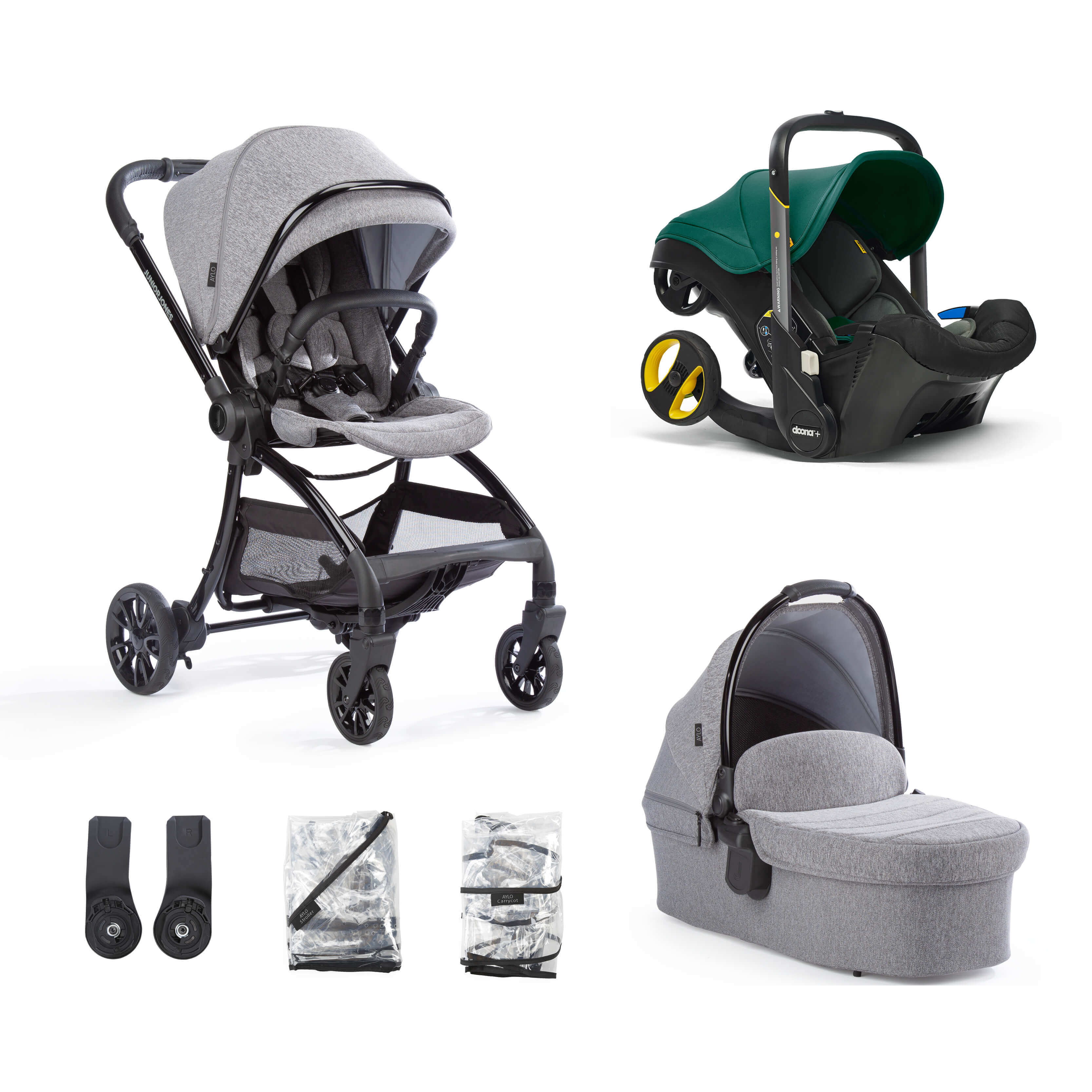 Junior Jones Aylo Grey Marl 6pc Travel System inc Doona Racing Green Car Seat -  | For Your Little One