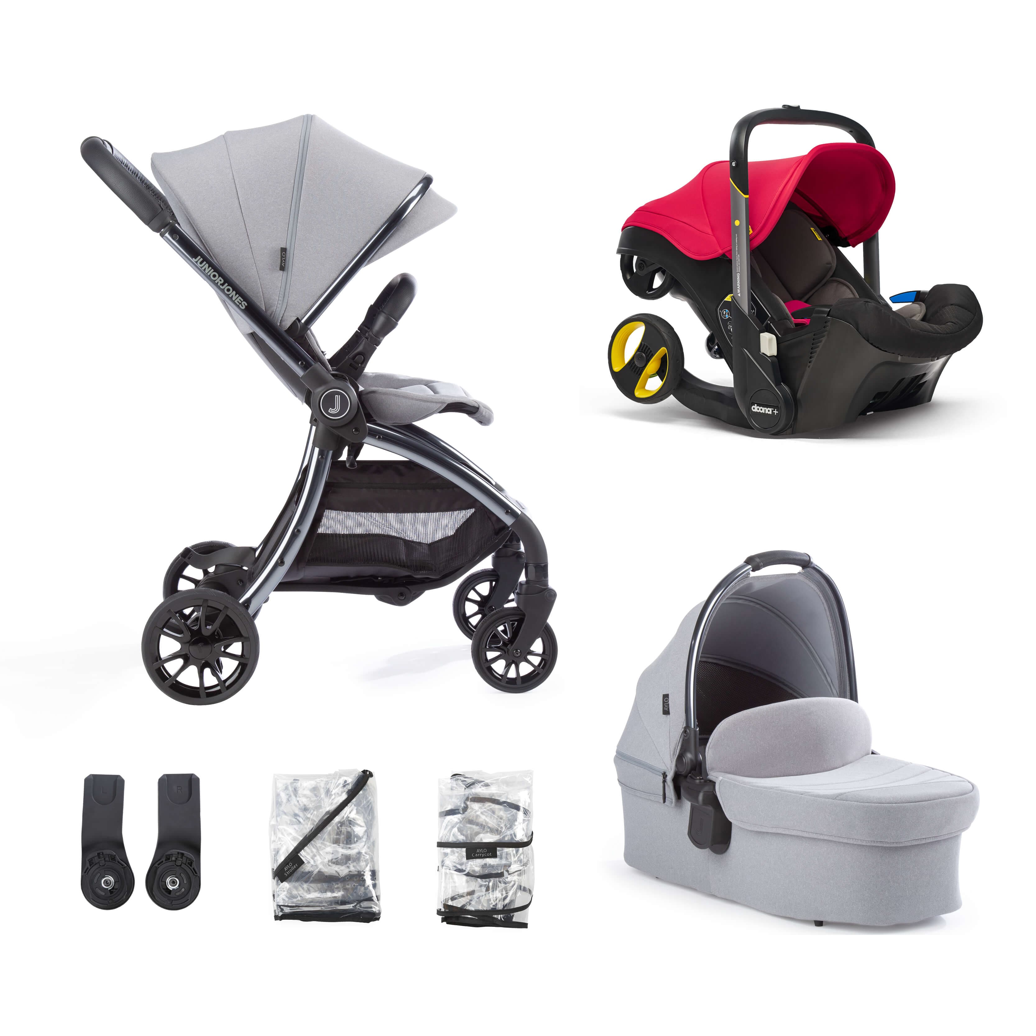 Junior Jones Aylo Pebble Grey 6pc Travel System inc Doona Flame Red Car Seat -  | For Your Little One