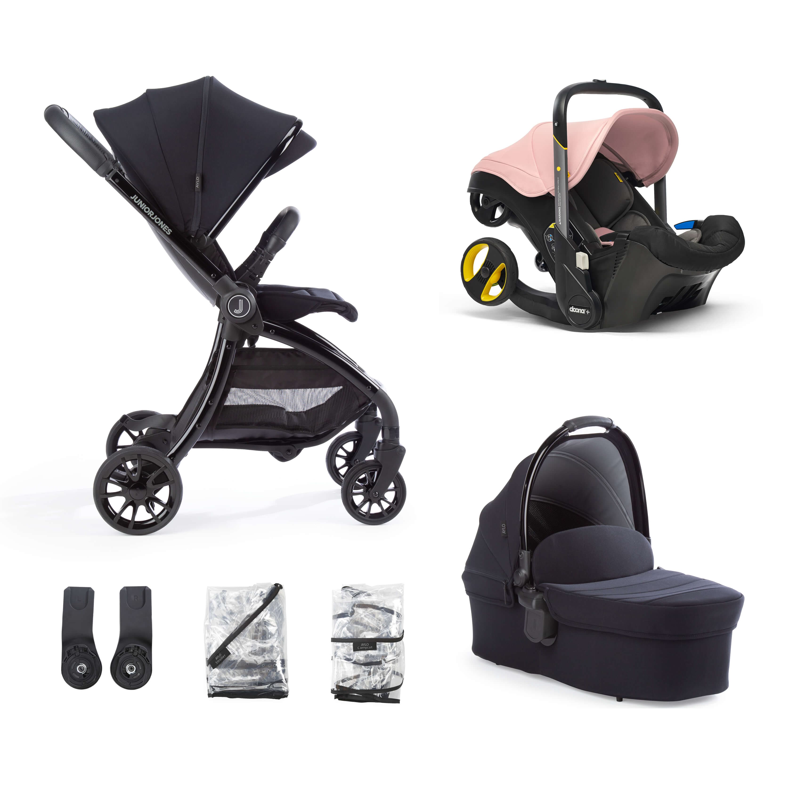 Junior Jones Aylo Rich Black 6pc Travel System inc Doona Blush Pink Car Seat -  | For Your Little One