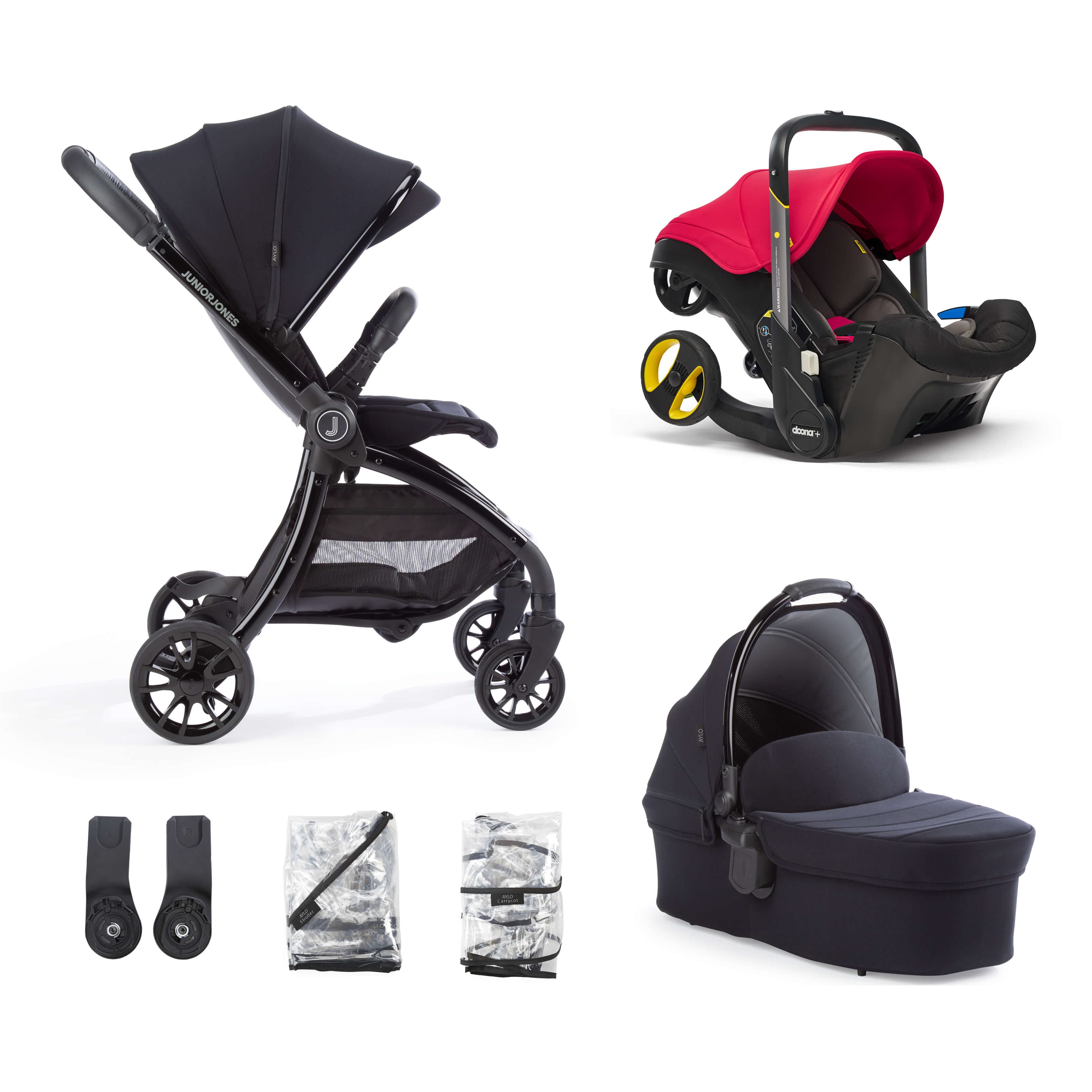 Junior Jones Aylo Rich Black 6pc Travel System inc Doona Flame Red Car Seat - For Your Little One