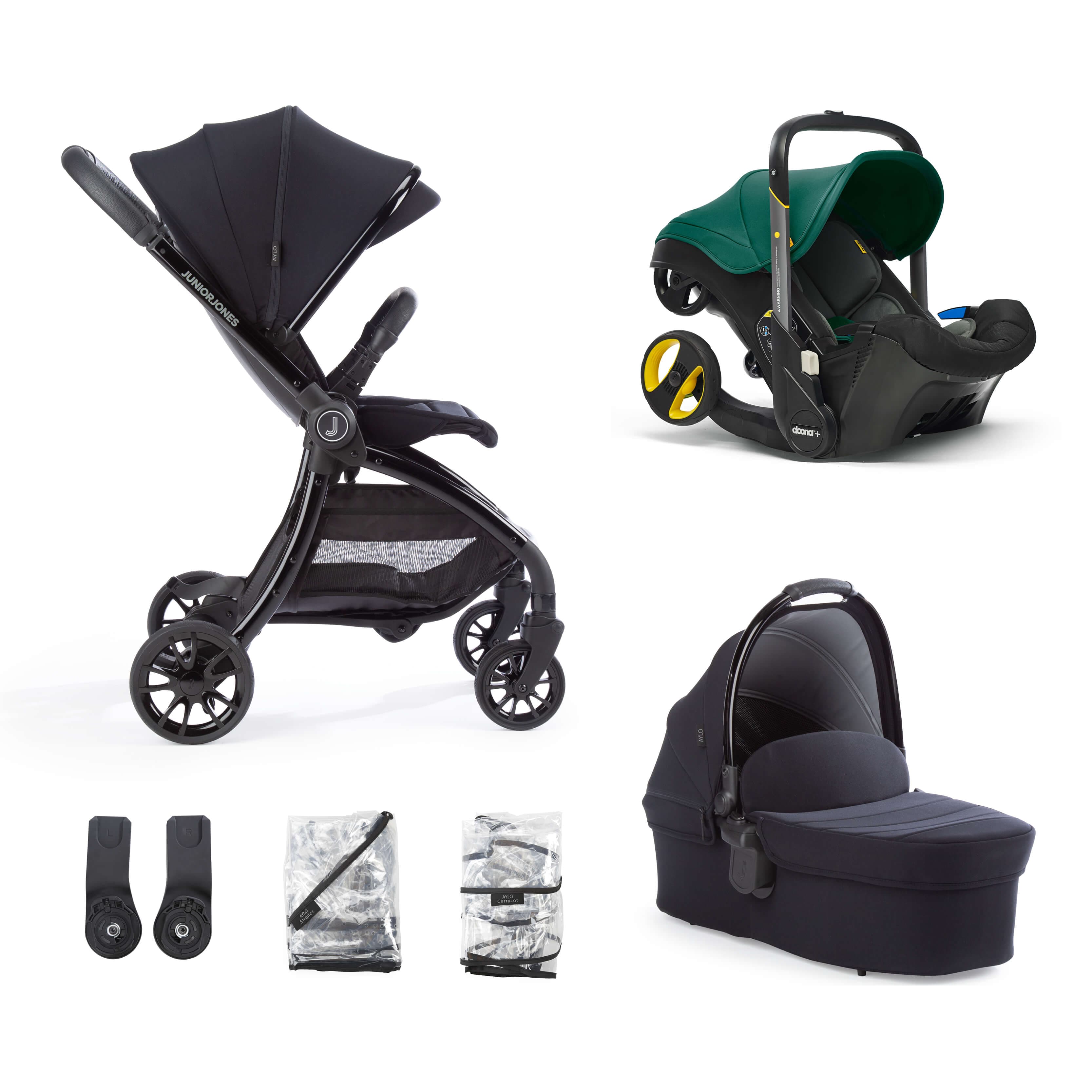 Junior Jones Aylo Rich Black 6pc Travel System inc Doona Racing Green Car Seat - For Your Little One