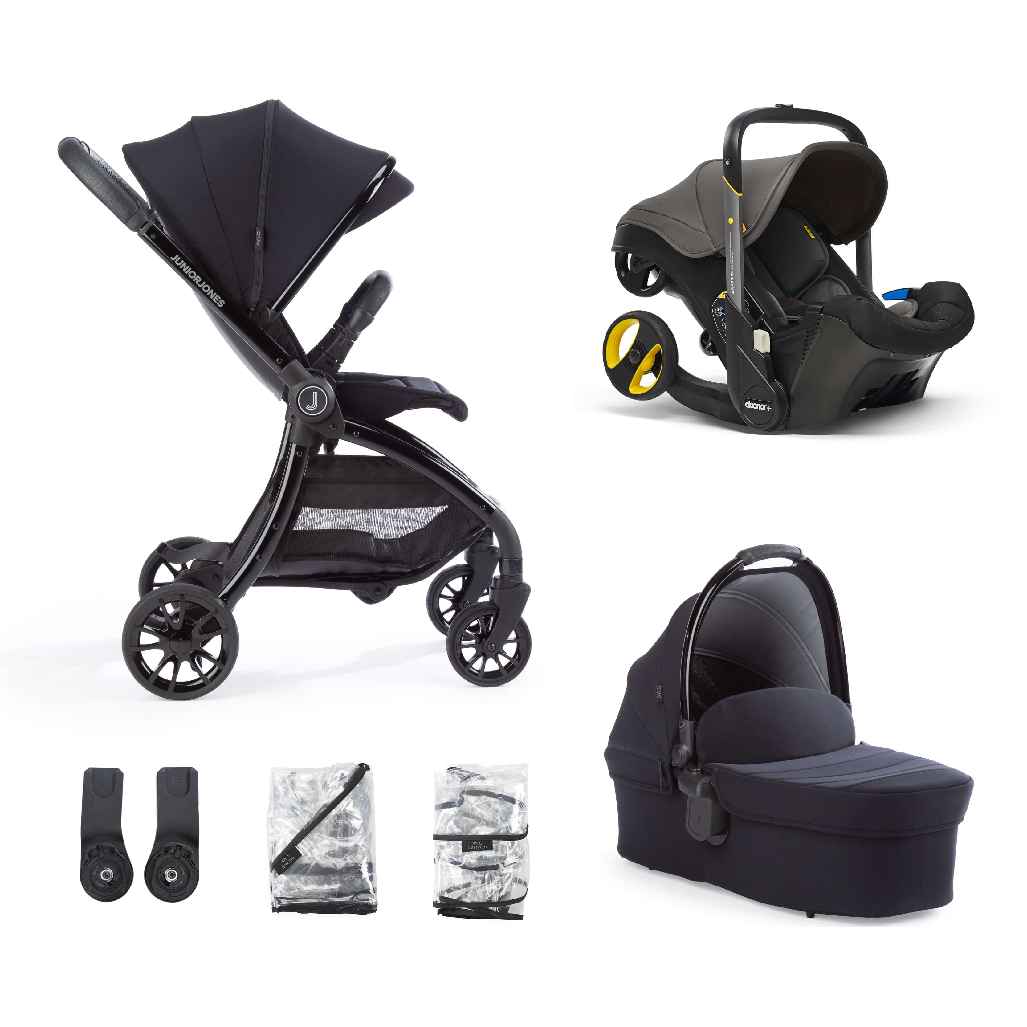 Junior Jones Aylo Rich Black 6pc Travel System inc Doona Urban Grey Car Seat -  | For Your Little One
