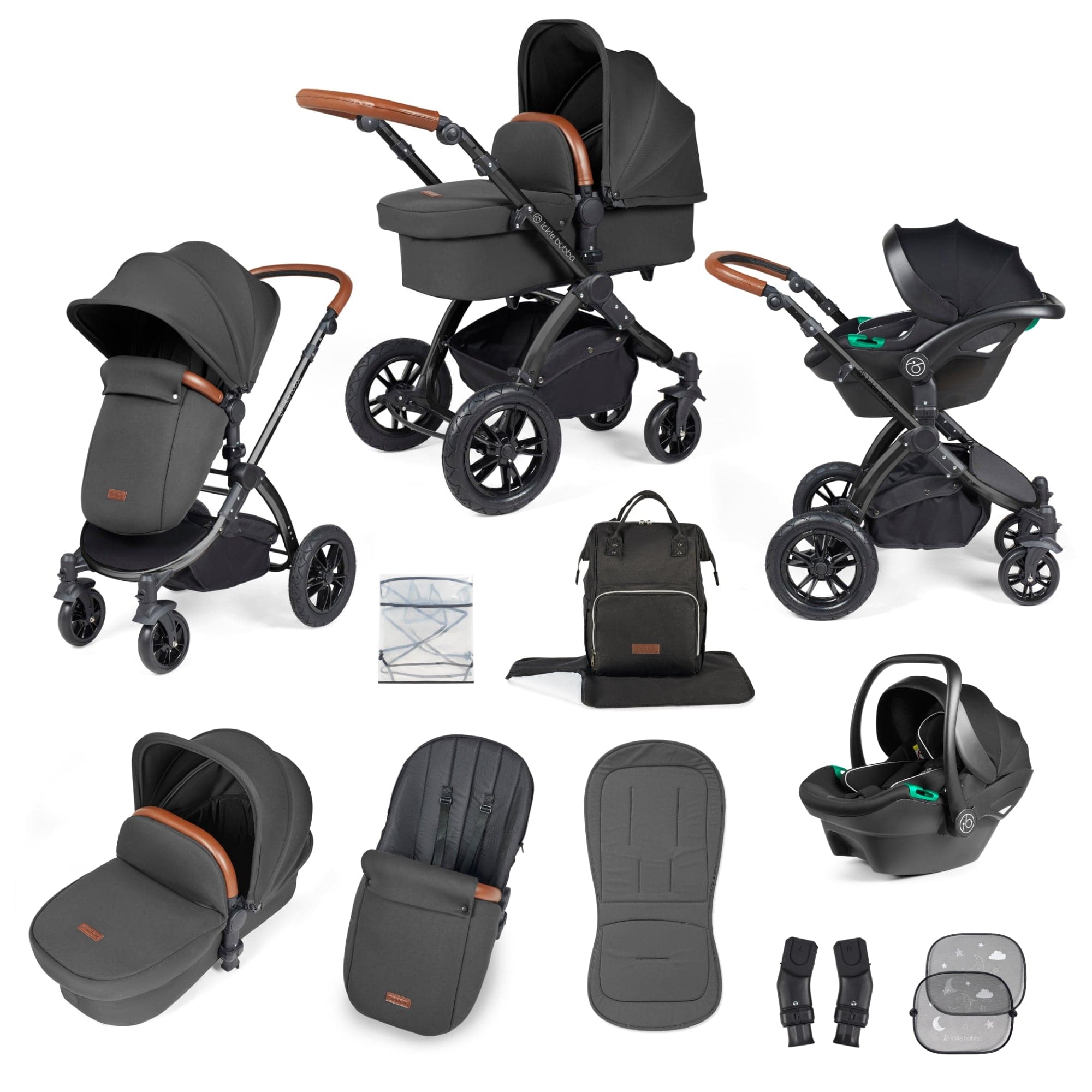 Ickle Bubba Stomp Luxe All-in-One I-Size Travel System With Isofix Base - Black / Charcoal Grey / Tan - For Your Little One