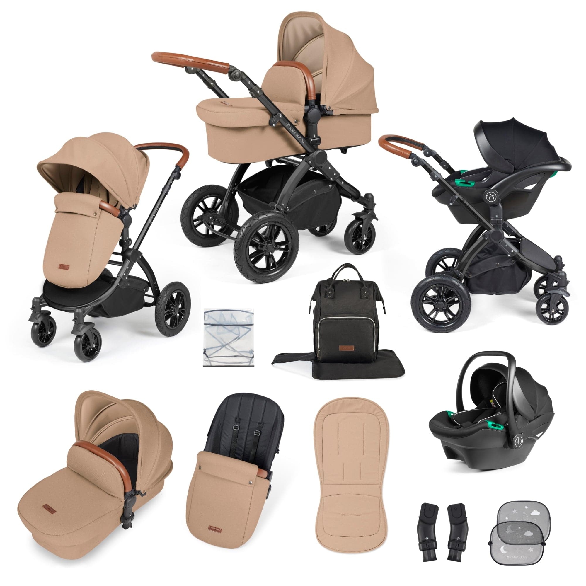Ickle Bubba Stomp Luxe All-in-One I-Size Travel System With Isofix Base - Black / Desert / Tan   